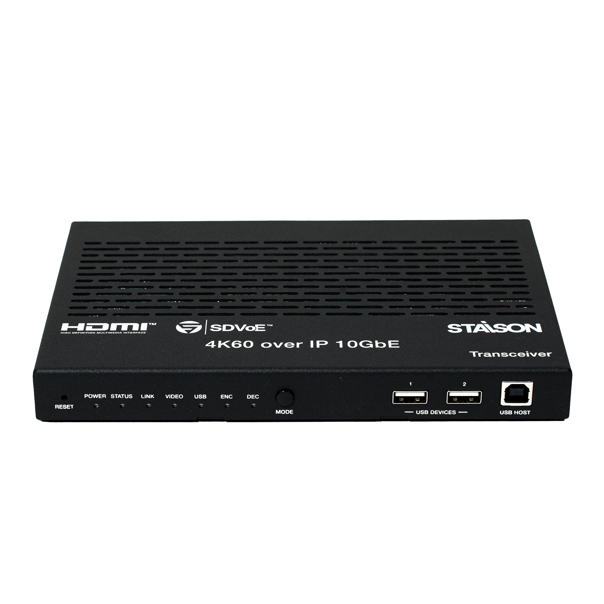 Black transceiver with HDMI and Staison branding on a white background