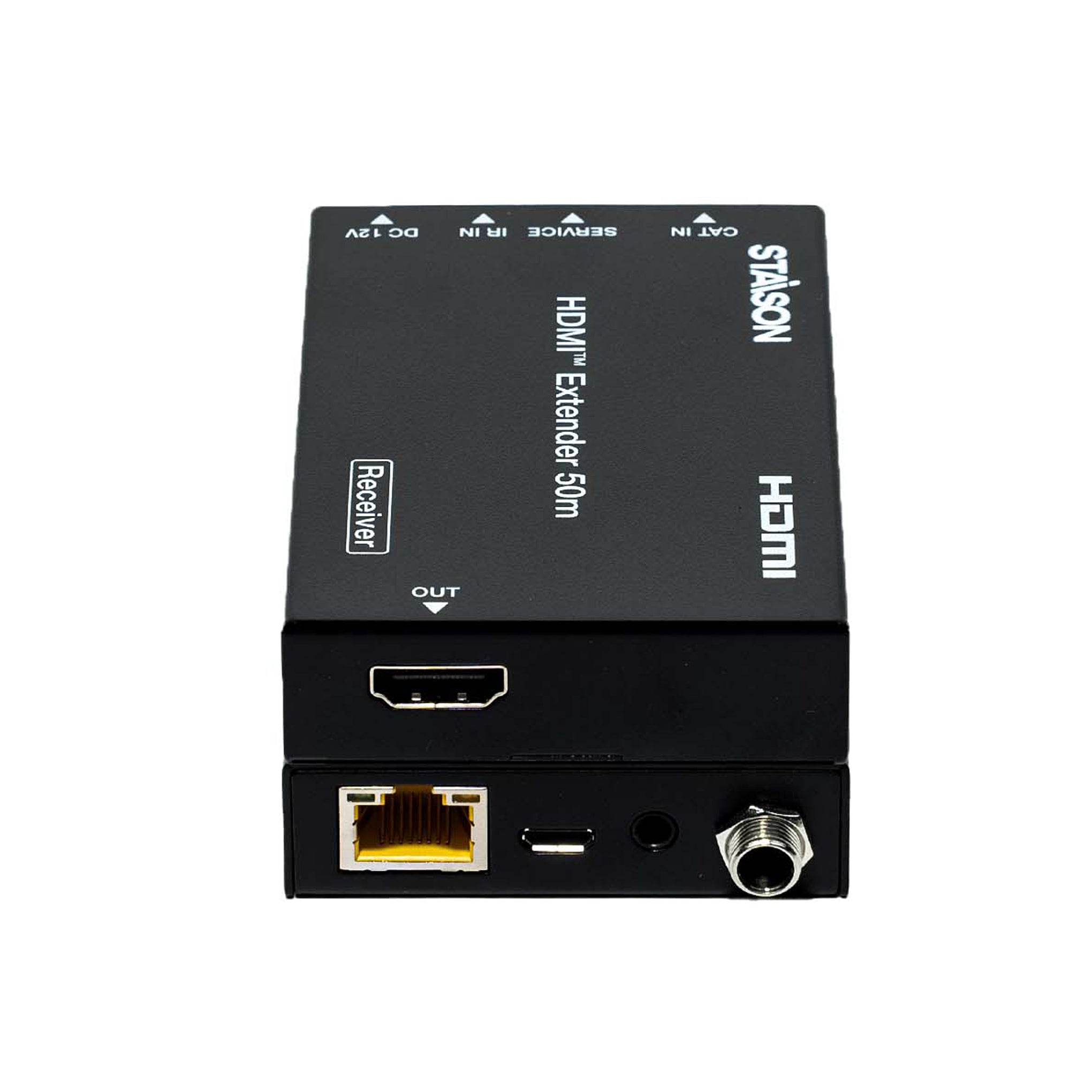 HDMI extender device with various ports on a white background