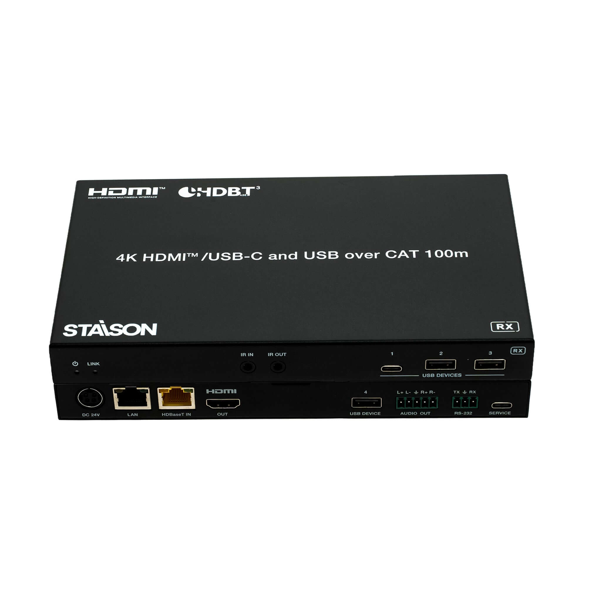 ST-NEHB100HCEU3K HDMI Extender with HDMI and USB-C ports for 4K signal transmission over 100m.