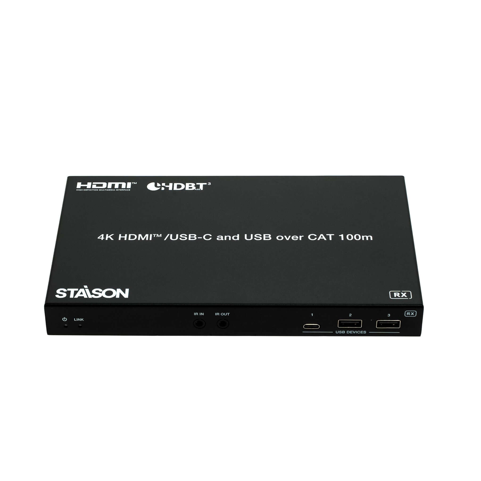 ST-NEHB100HCEU3K HDMI Extender front view with HDMI, USB-C, and USB ports.