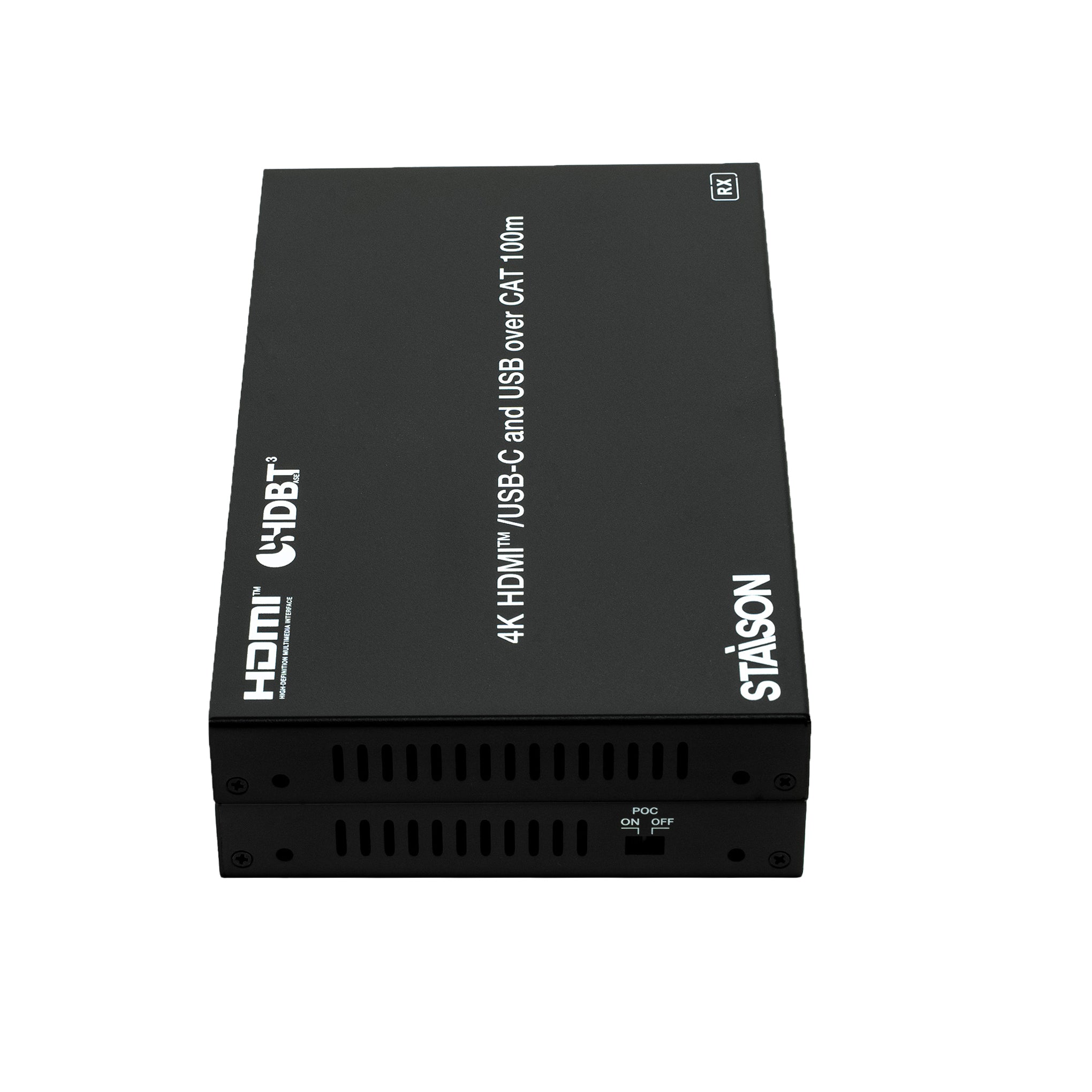 Black electronic device with text on a white background
