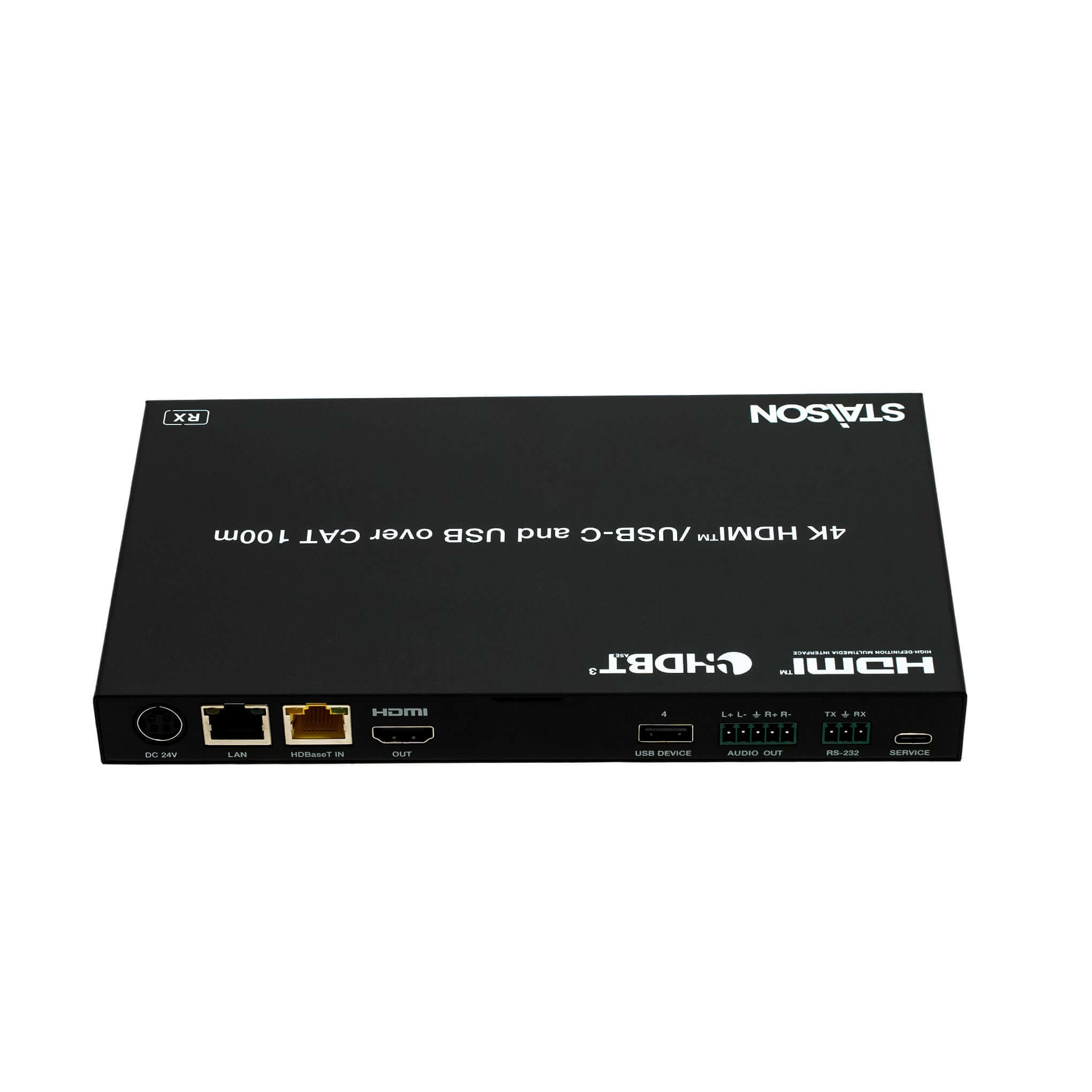 ST-NEHB100HCEU3K HDMI Extender front view showing connectors and ports for 4K HDMI/USB-C over CAT6A/7.