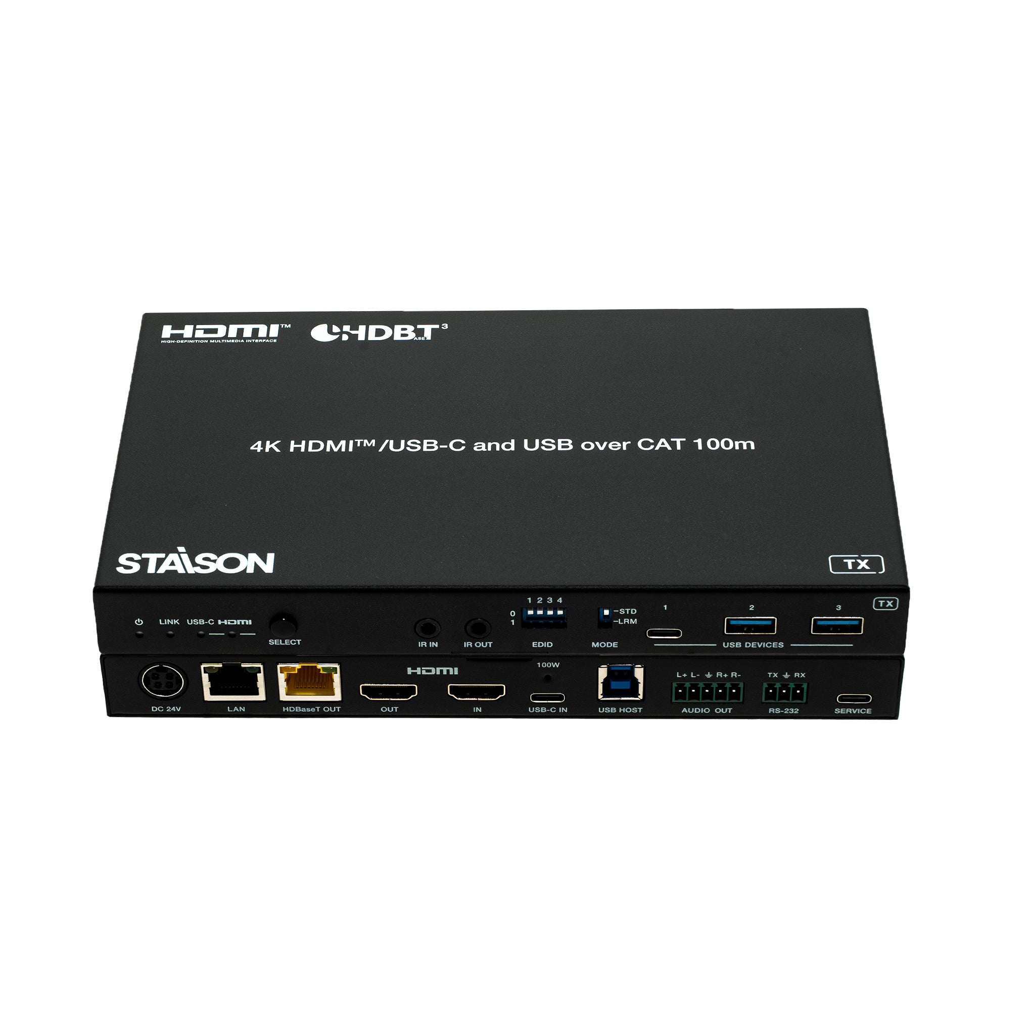 Black electronic device with multiple ports and Staison branding on a white background