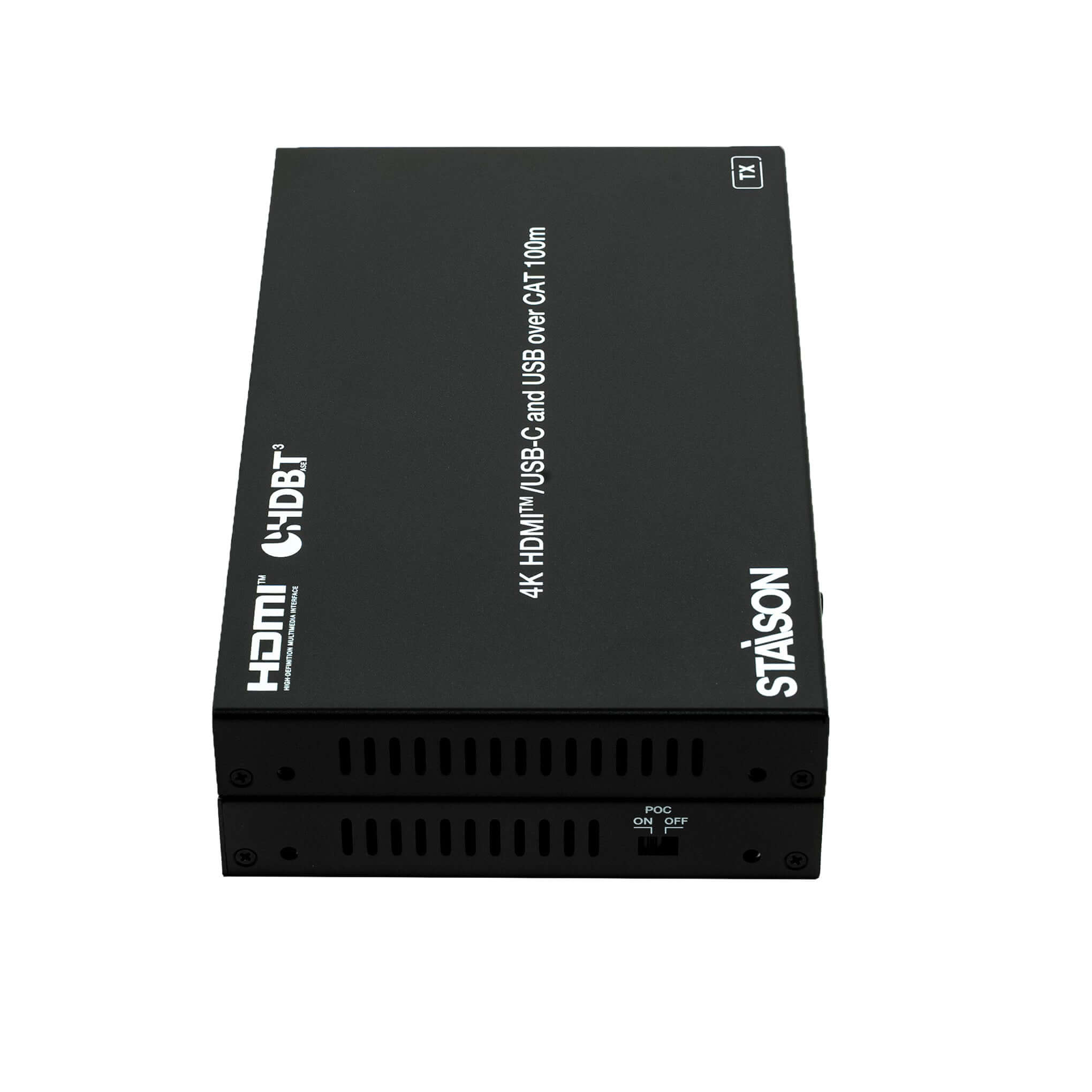 Black electronic device with branding on a white background