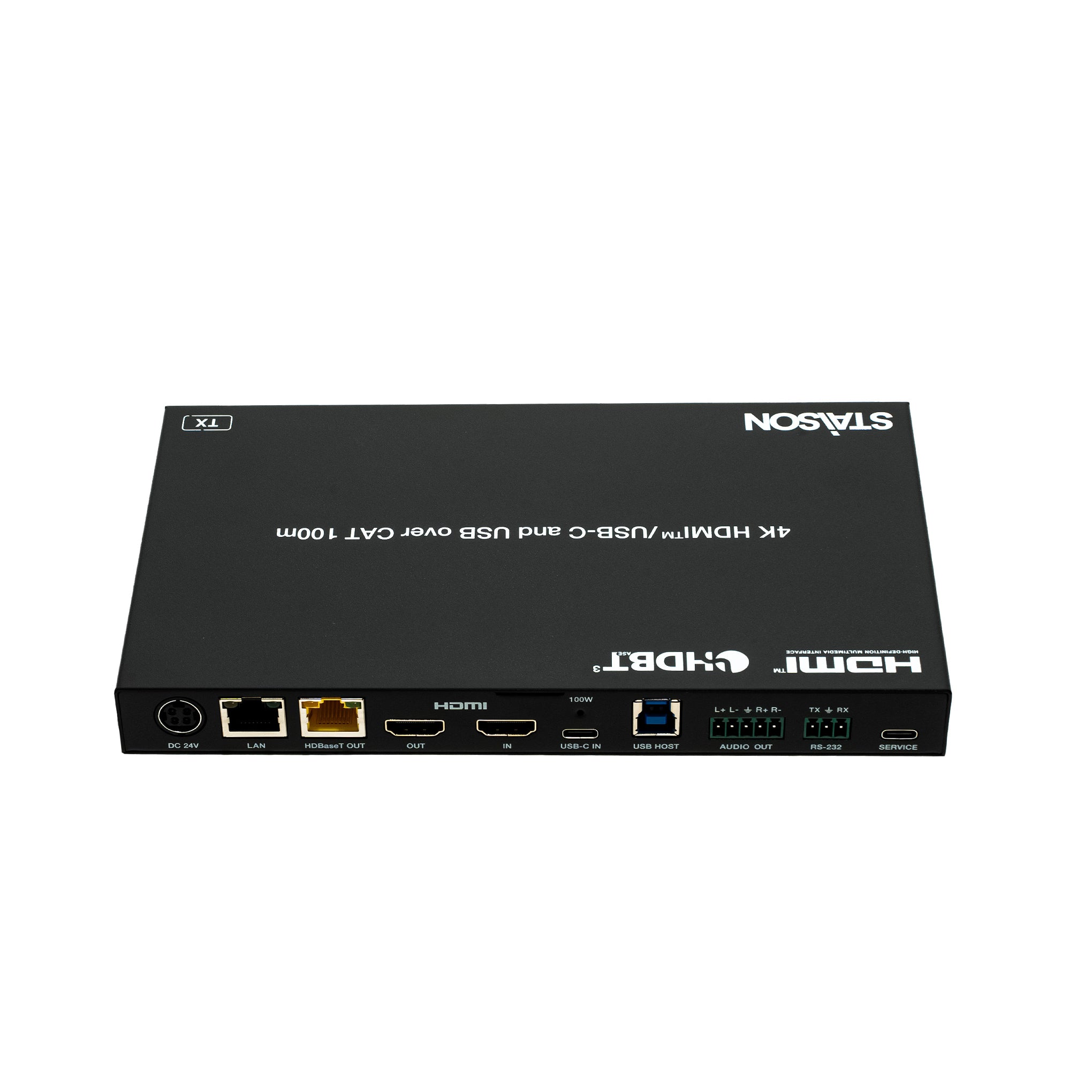 Black electronic device with multiple ports on a white background