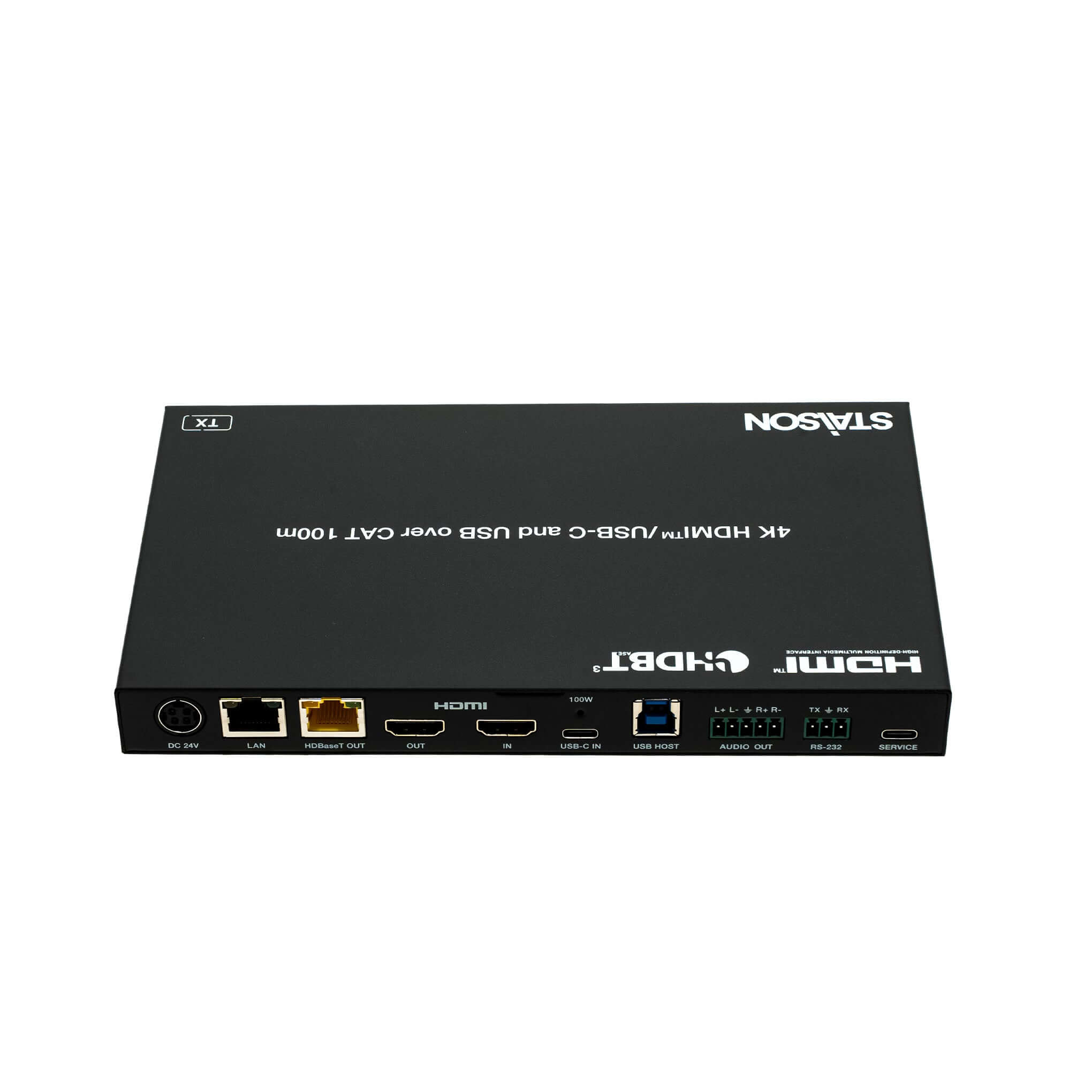 Black electronic device with multiple ports on a white background