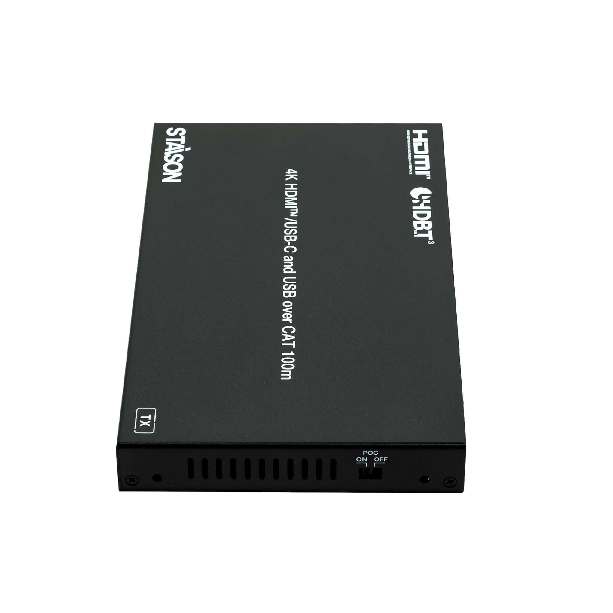 Black electronic device with branding on a white background