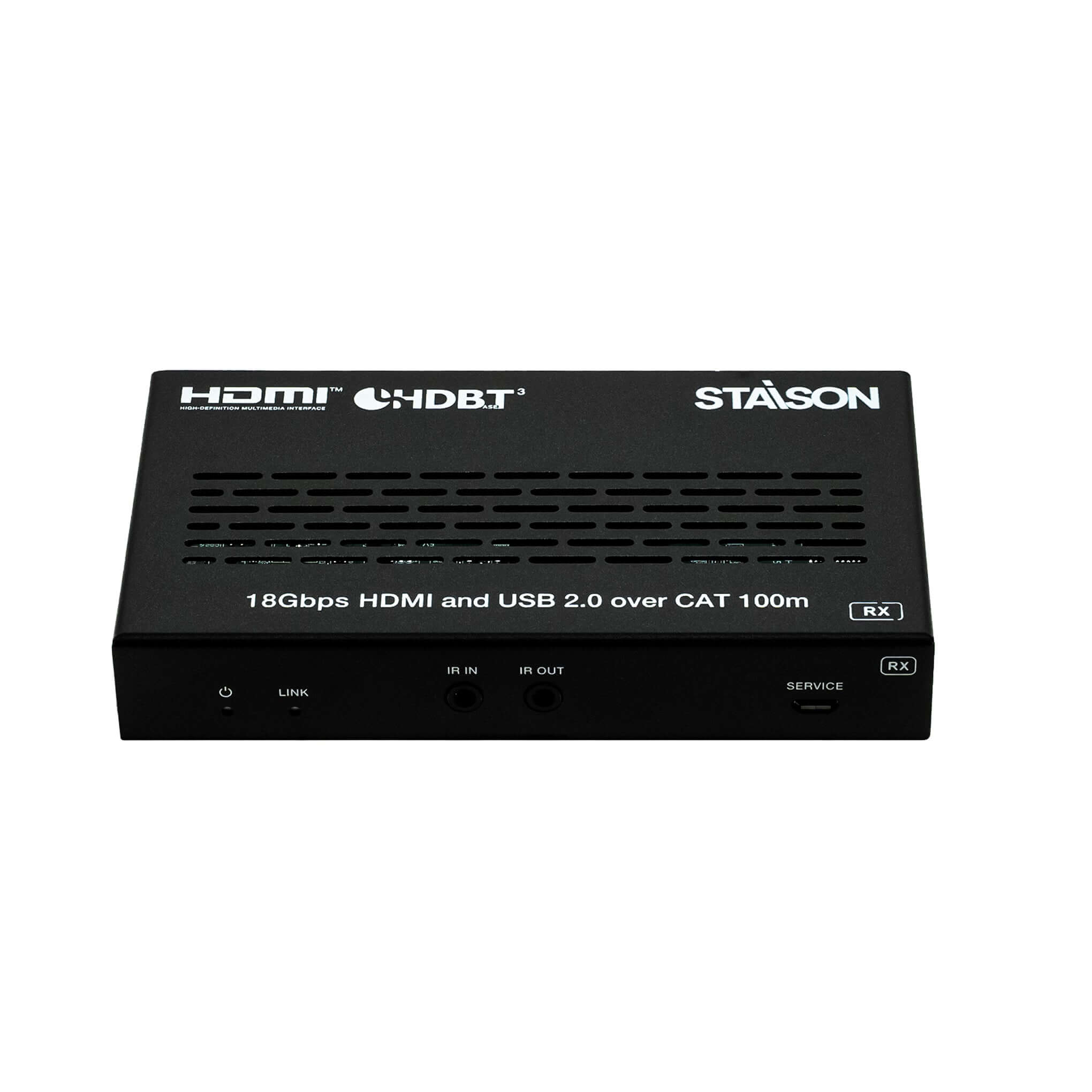 Black electronic device HDMI AND USB C over CAT with 'Staison' branding on a white background
