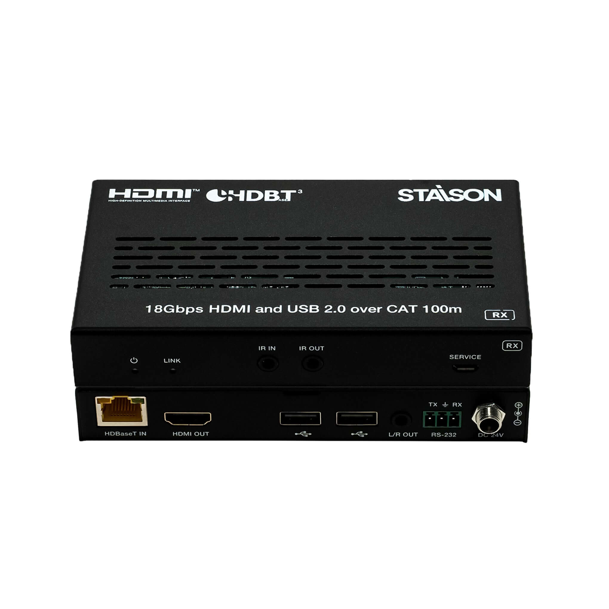 Black electronic device with HDMI and USB ports on a white background