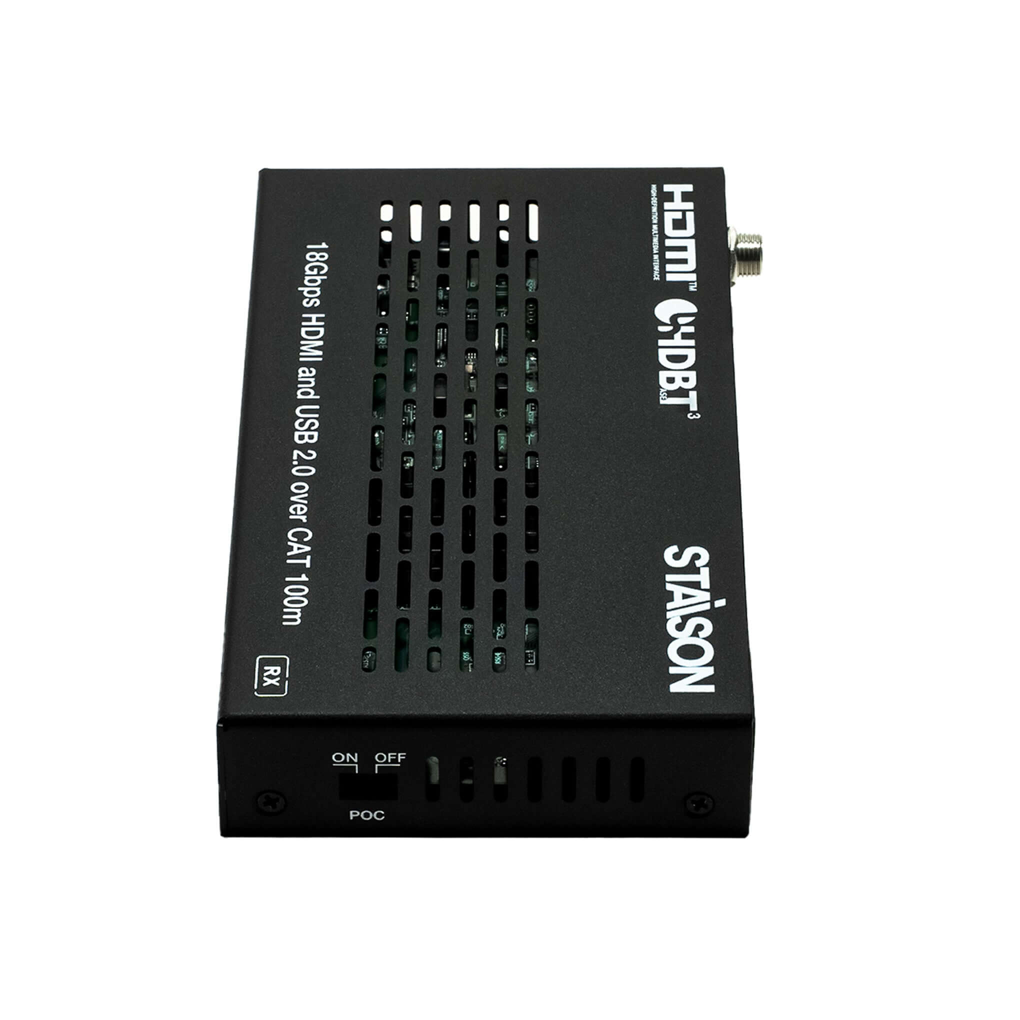 Black electronic device with text on a white background