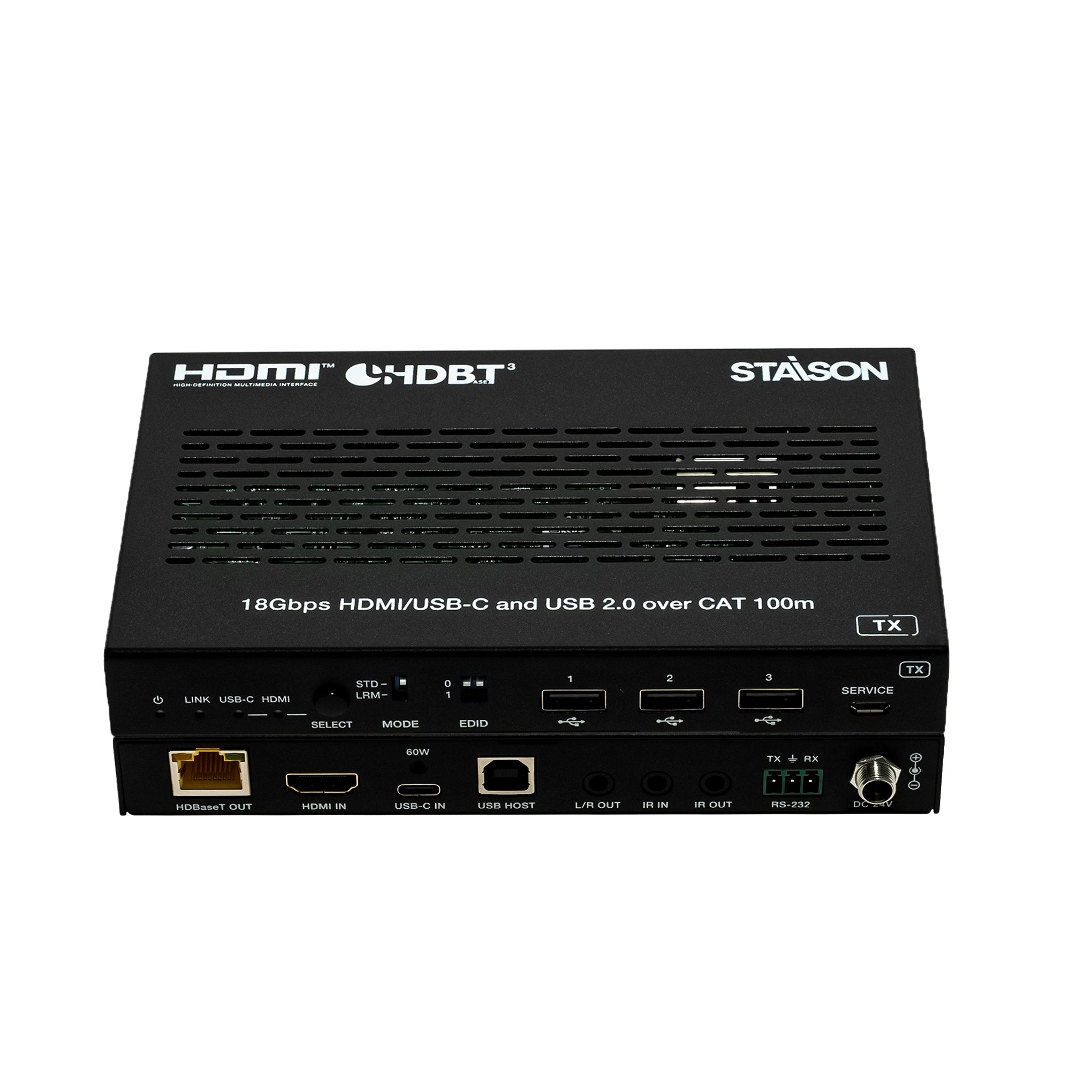 Black electronic device with HDMI and USB-C , multiple ports on a white background
