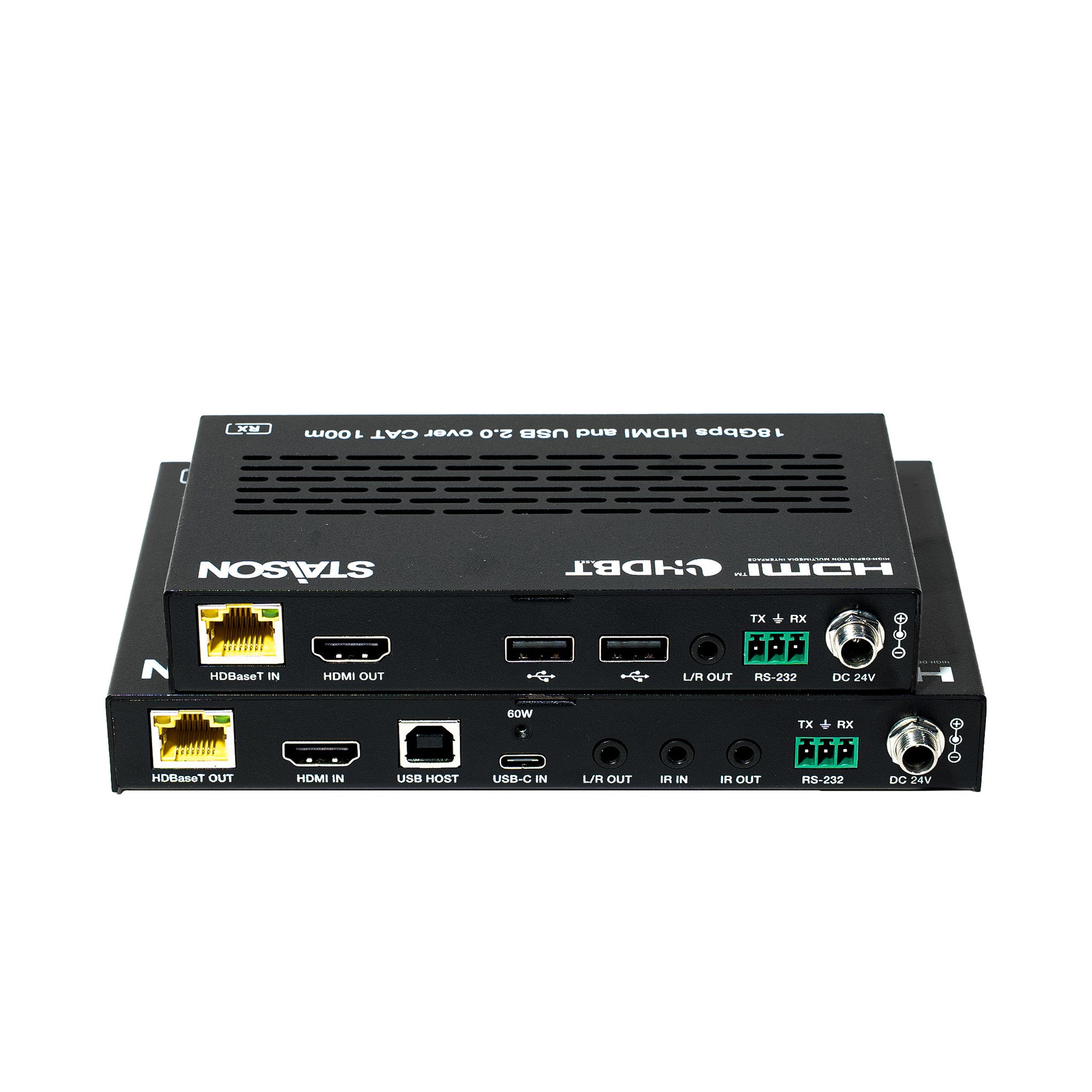 Back view of a electronic device with multiple ports and labels on a white background