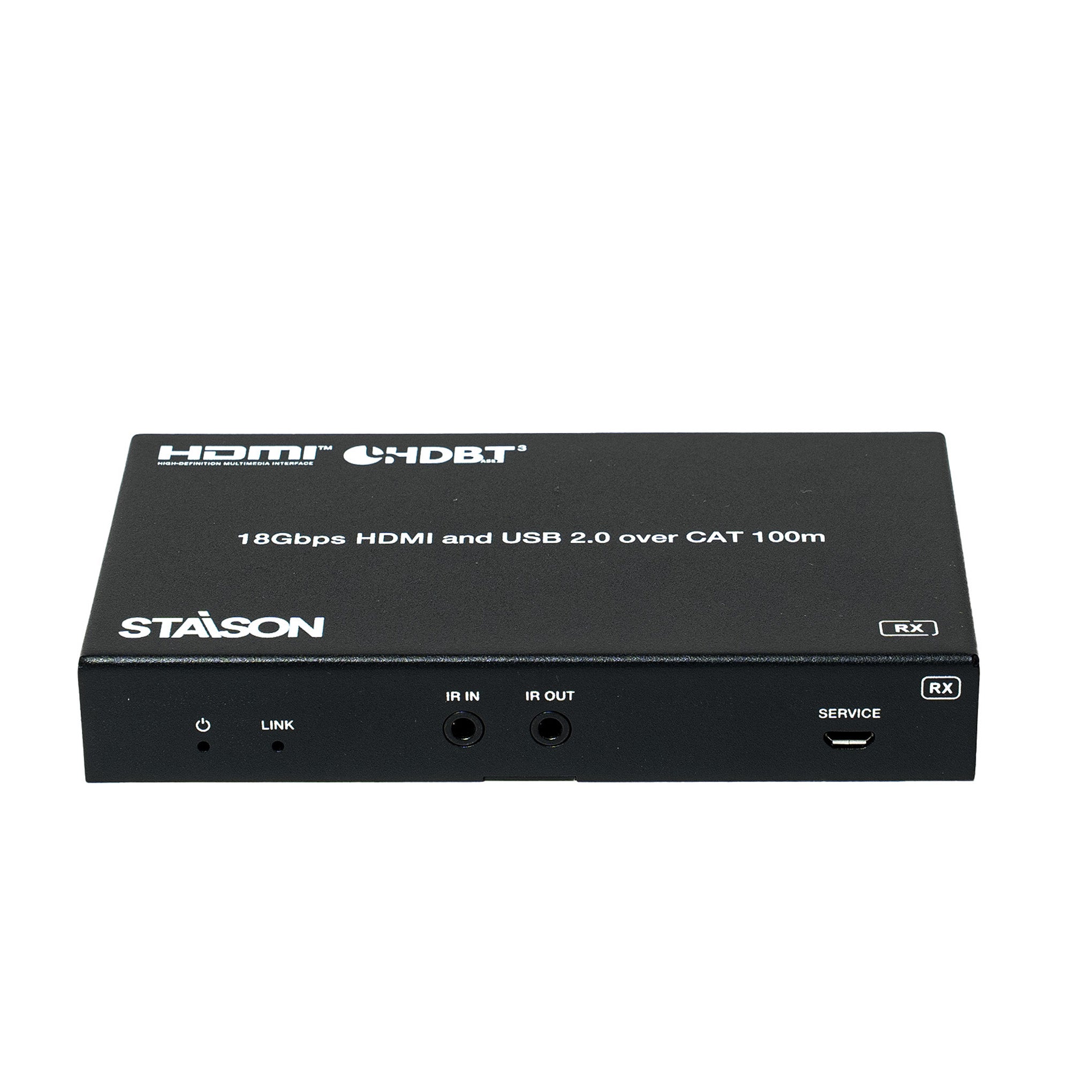 Black electronic device with HDMI and USB 2.0 connectivity on a white background