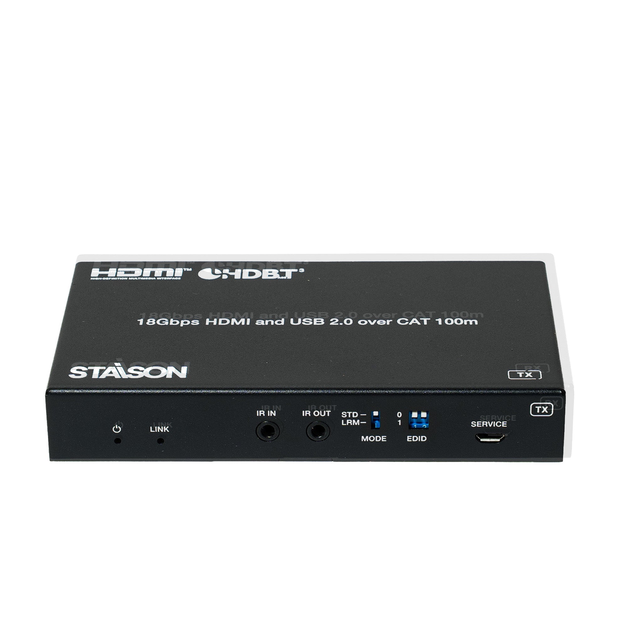 Black HDMI and USB 2.0 over CAT 100m device with Stason branding on a white background