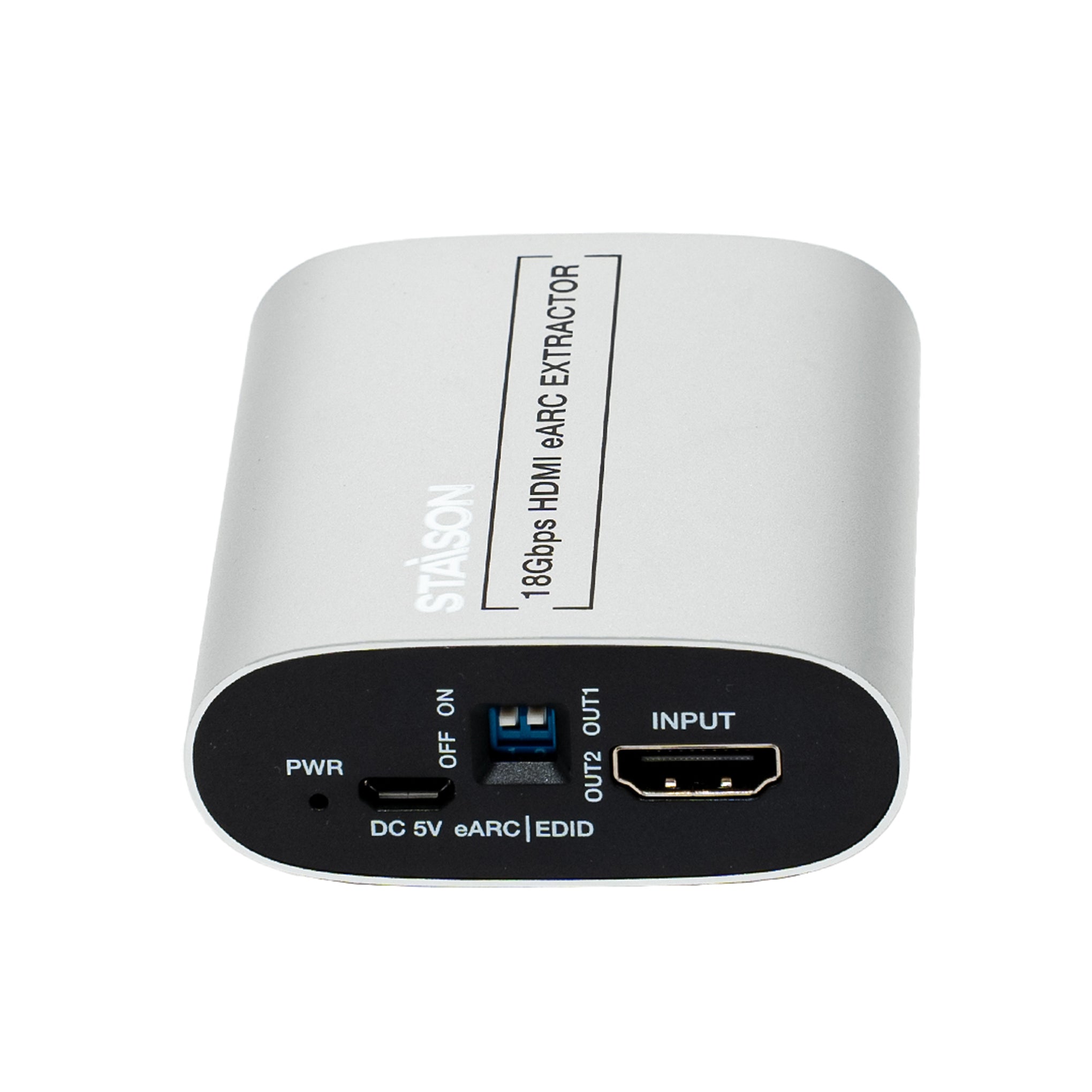 White electronic device with ports and branding on a white background