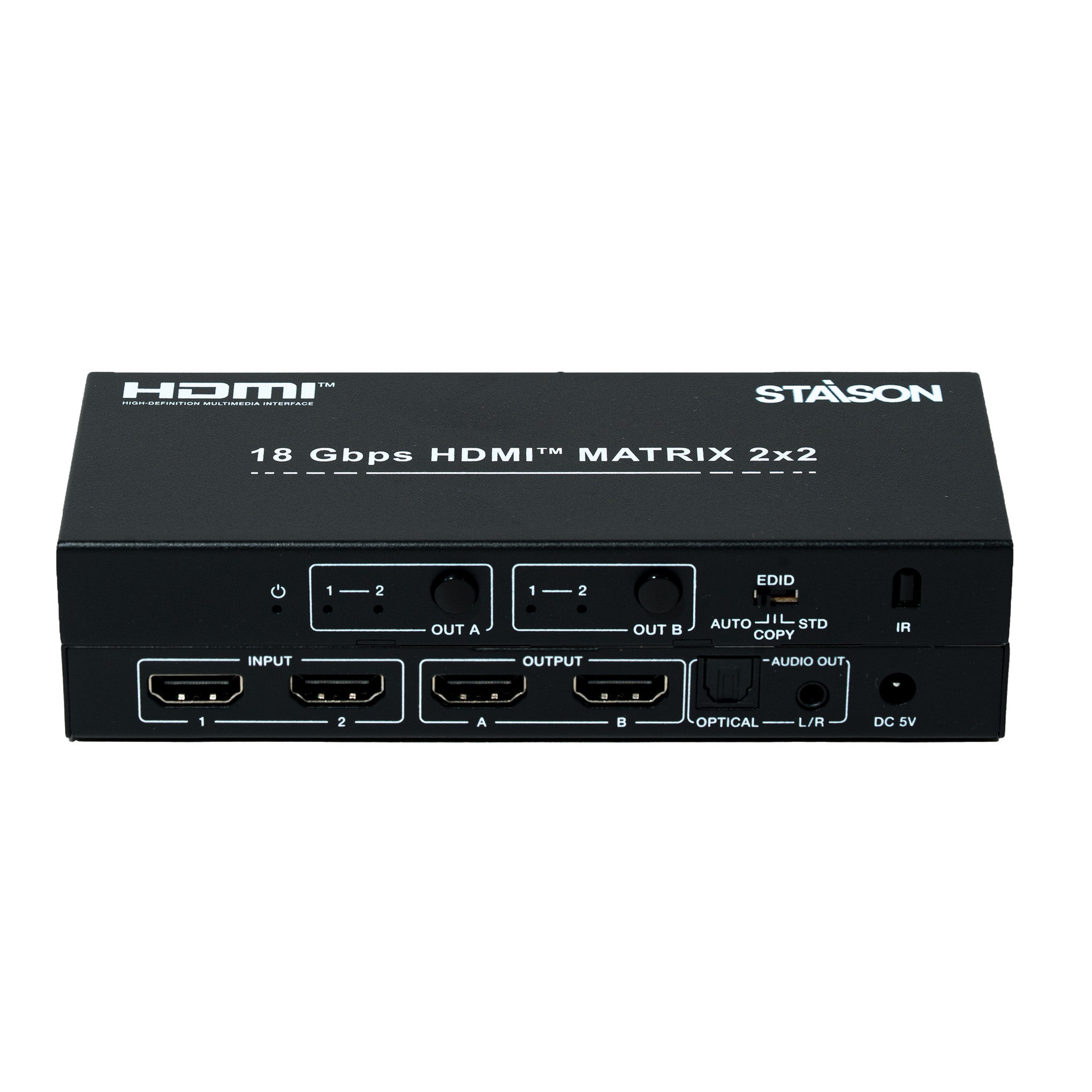 HDMI matrix switcher with multiple ports and staison branding on a white background