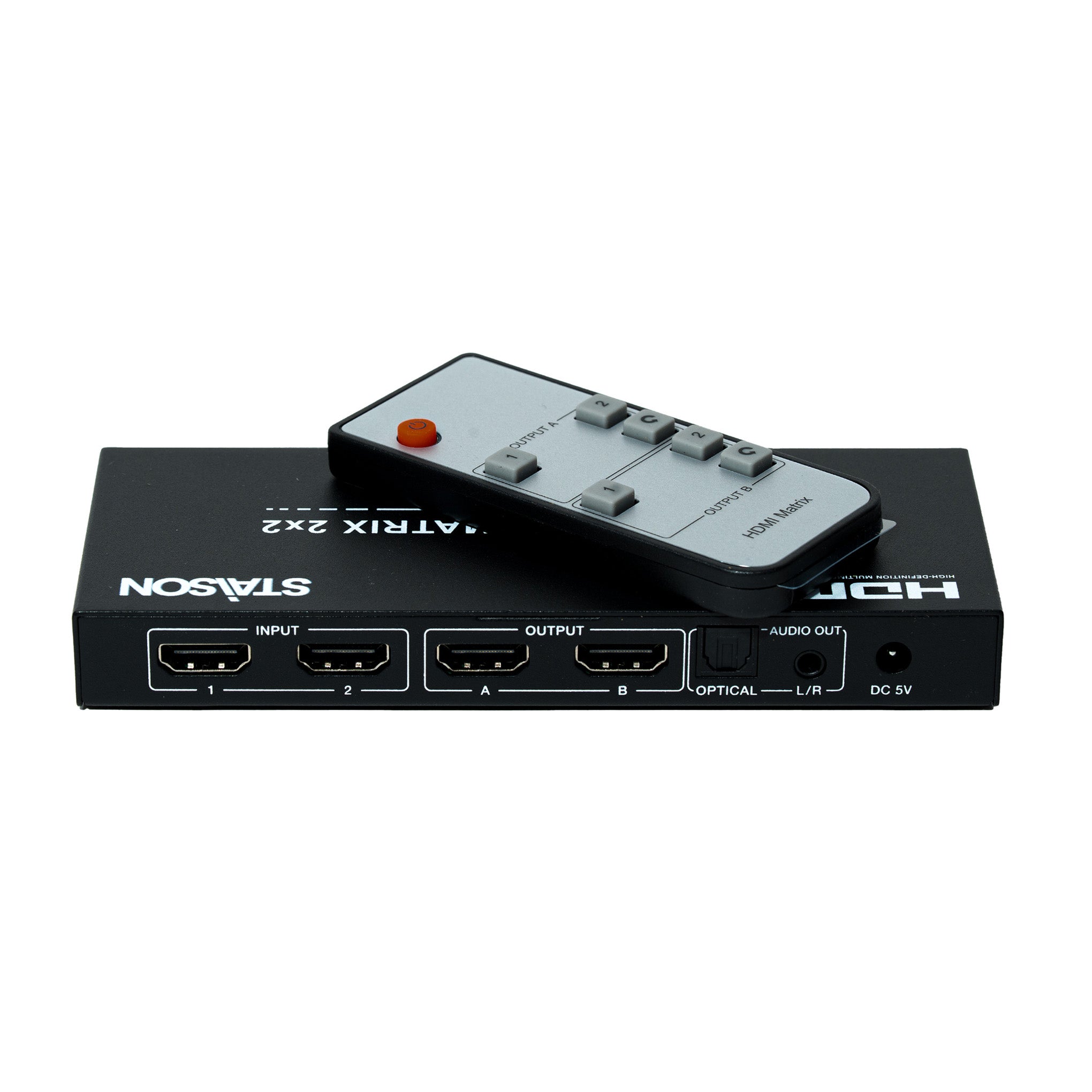 black electronic matrix 2*2 with multiple inputs and outputs and staison branding on white background