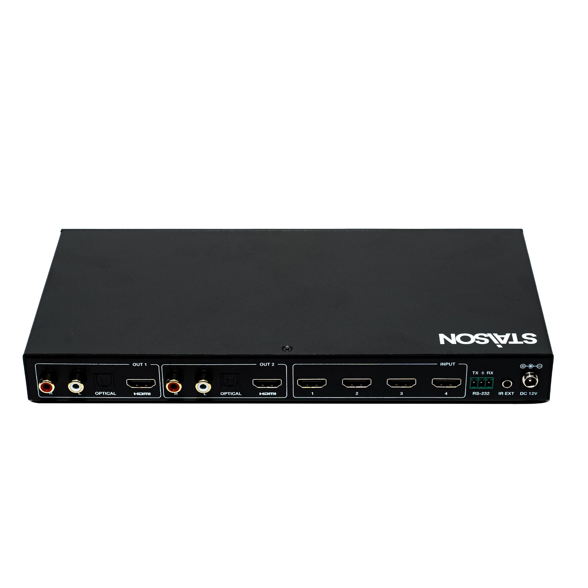 black electronic device with multiple ports and staison branding on a white background