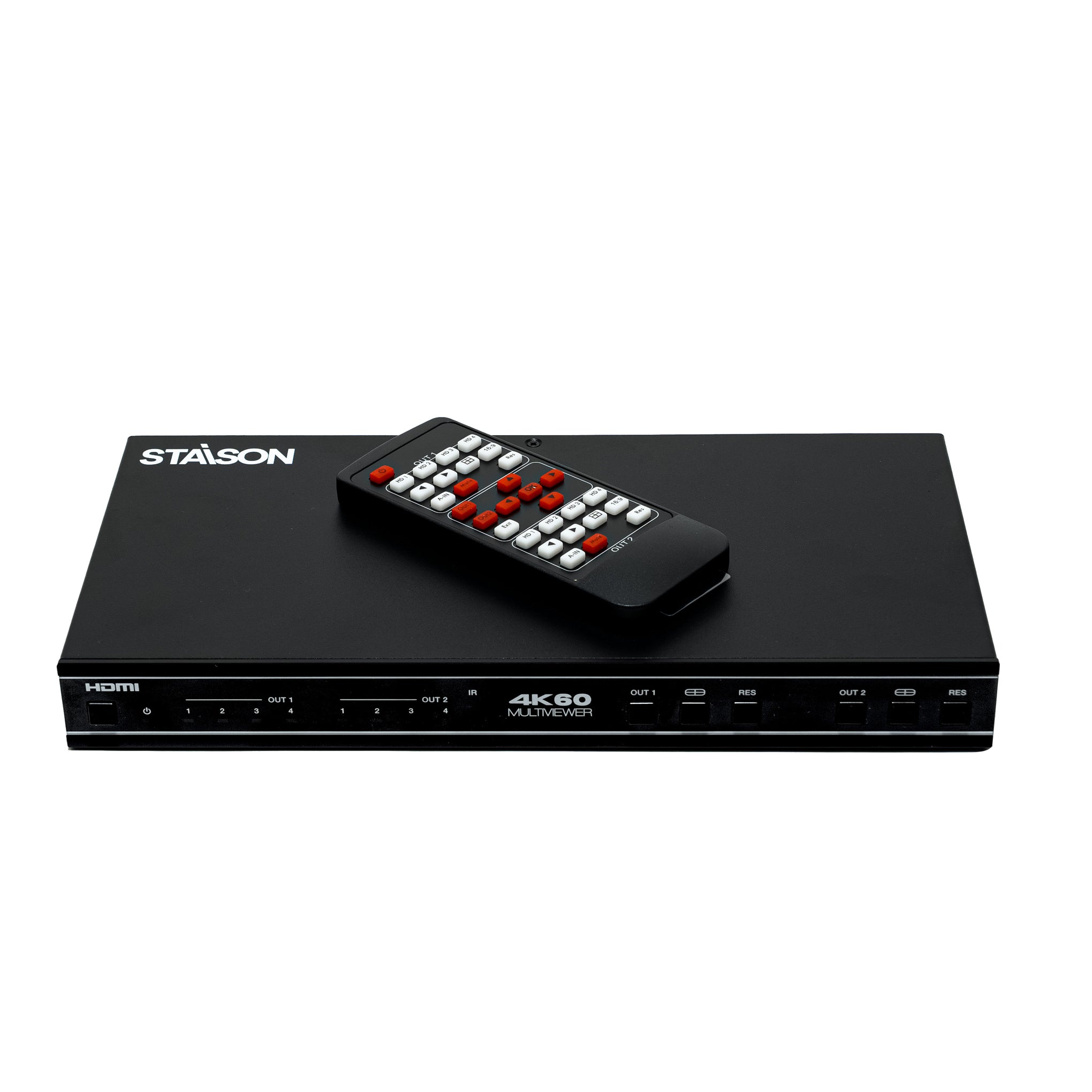 Black STAISON multi-viewer with remote control on a white background
