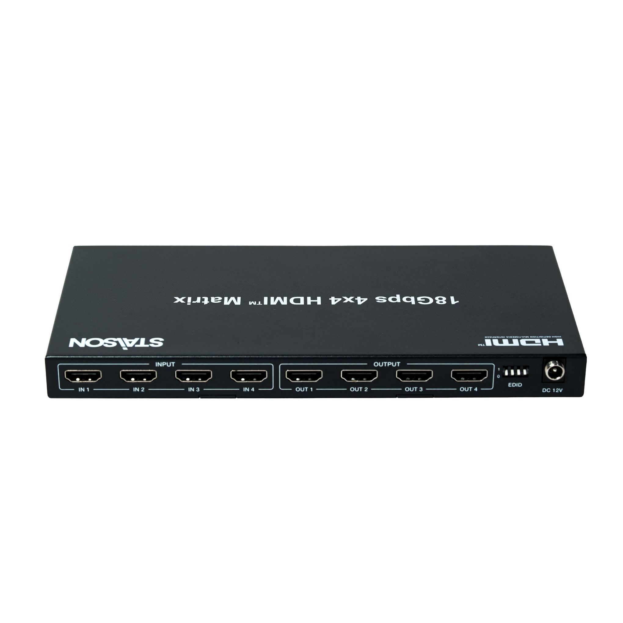 18Gbps HDMI matrix with multiple inputs and outputs and staison branding on a white background.