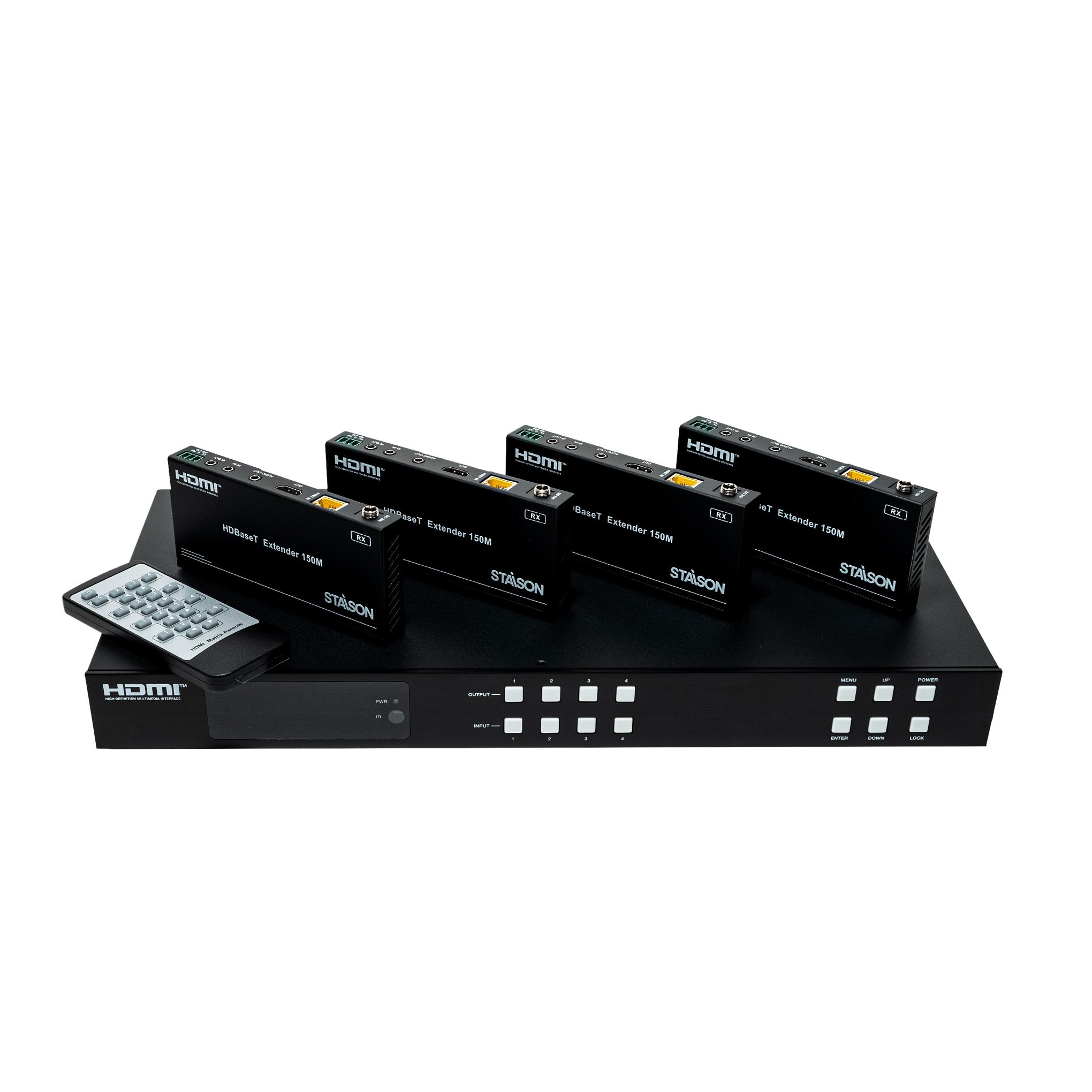 HDMI switcher with multiple HDMI extenders and a remote control on a white background