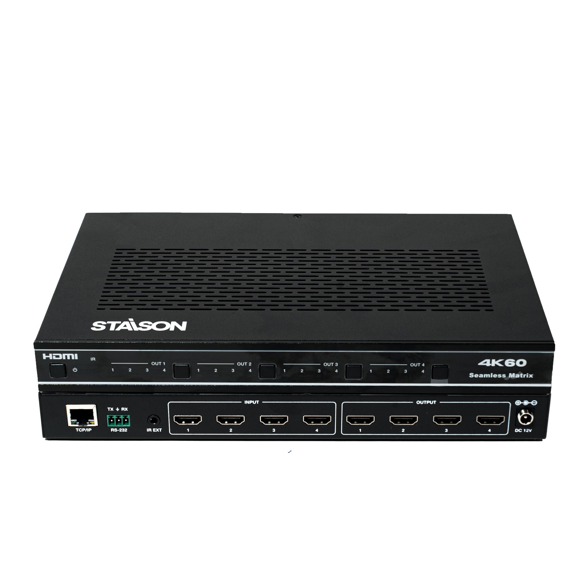 staison branded 4K60 Matrix device contain multiple HDMI input and output ports on a white background
