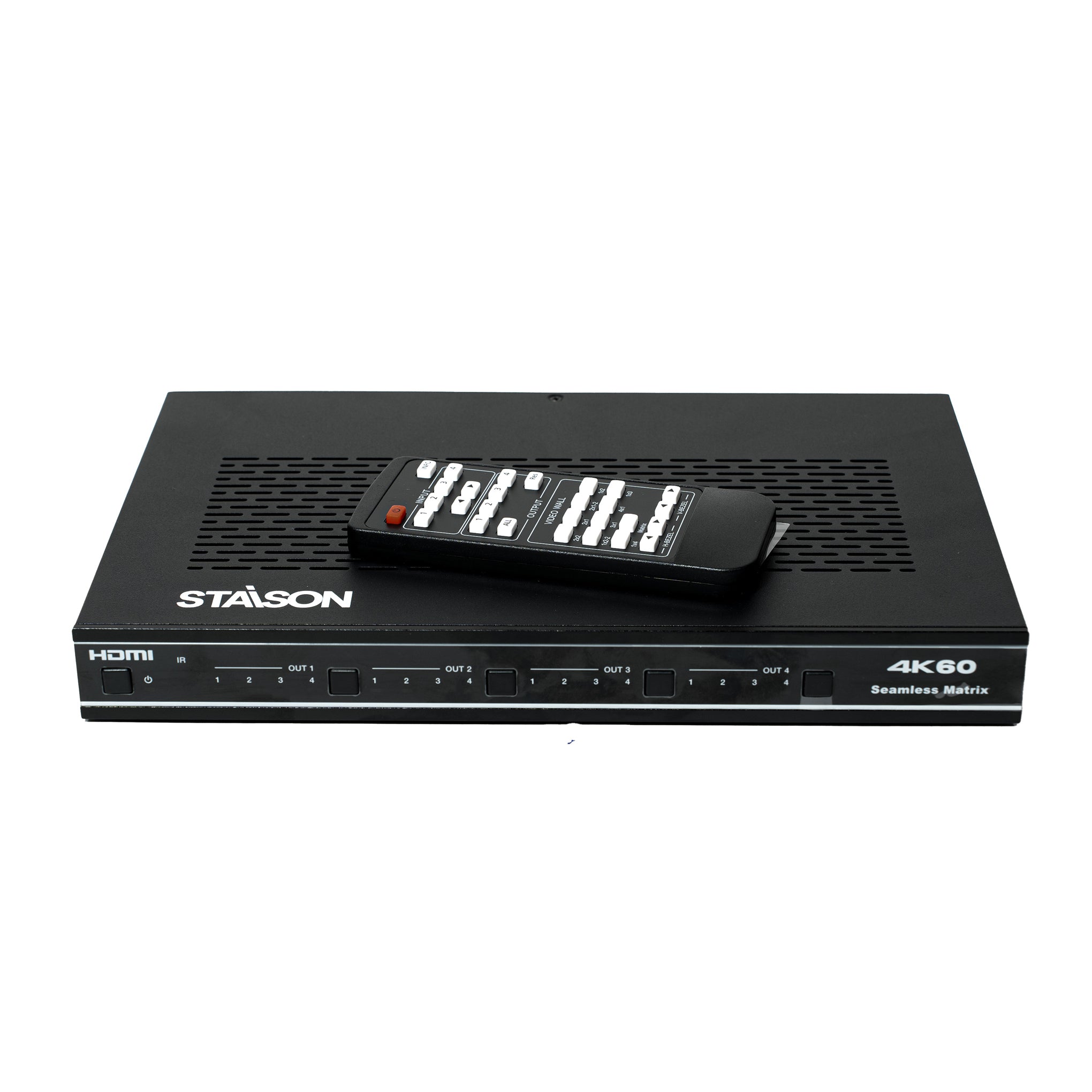 staison branded 4K60 Matrix device with multiple switch and a remote controller on a white background