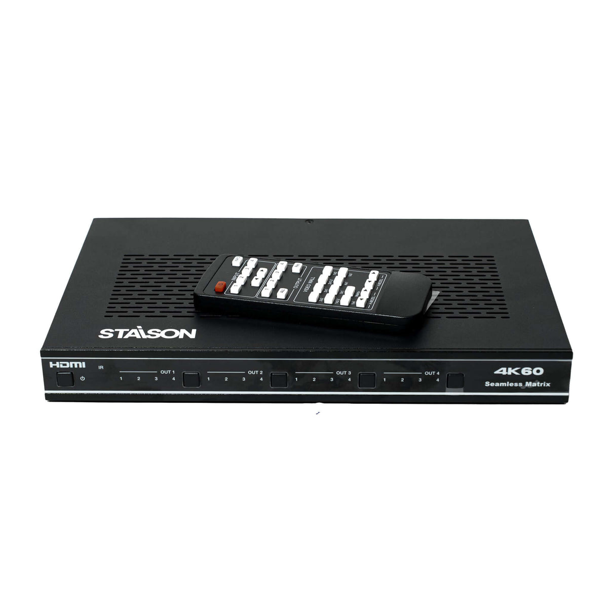 ST-NMXB44SL 4K60 4x4 Seamless Matrix with remote control on top, showcasing HDMI ports and buttons.