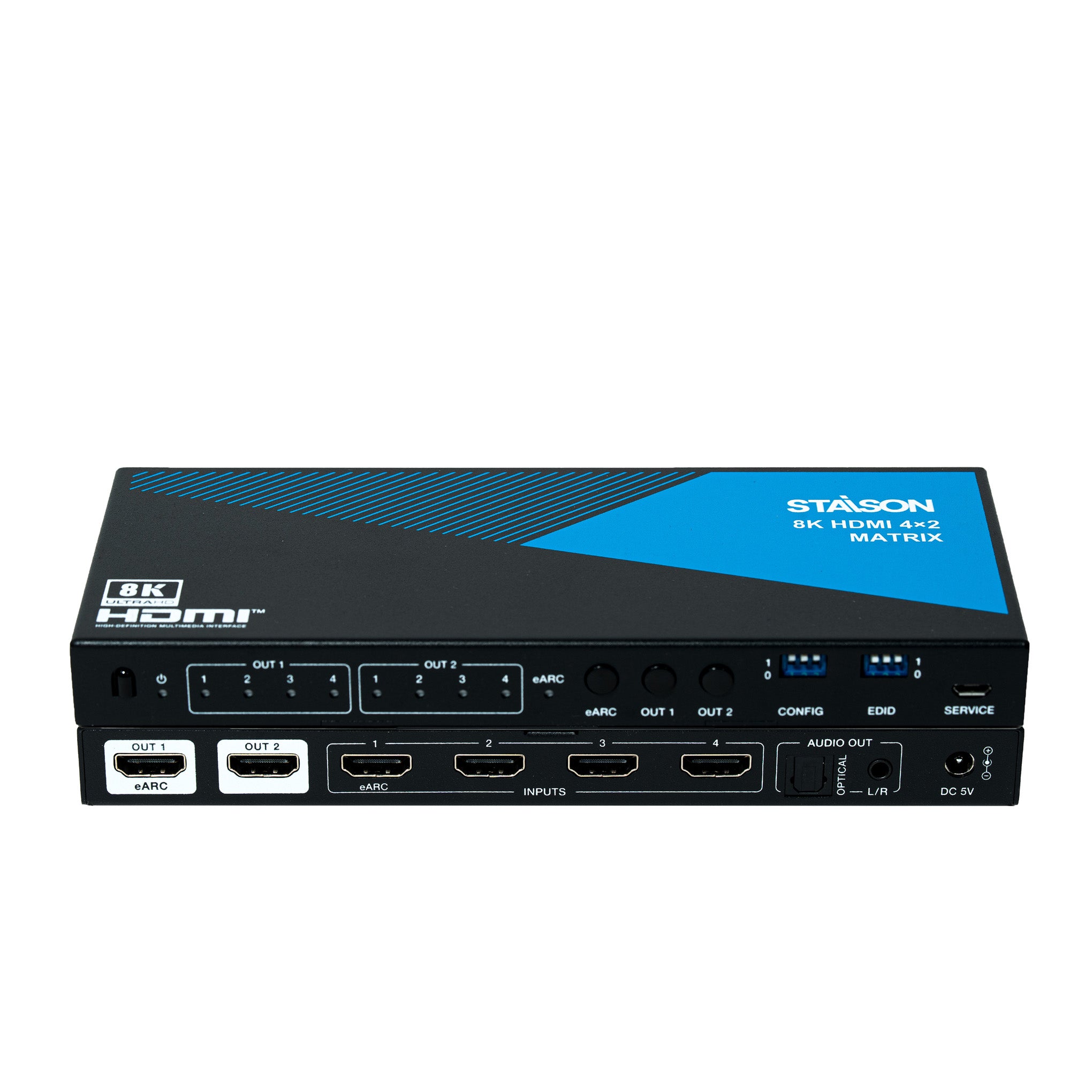 HDMI matrix switcher with multiple ports on a white background