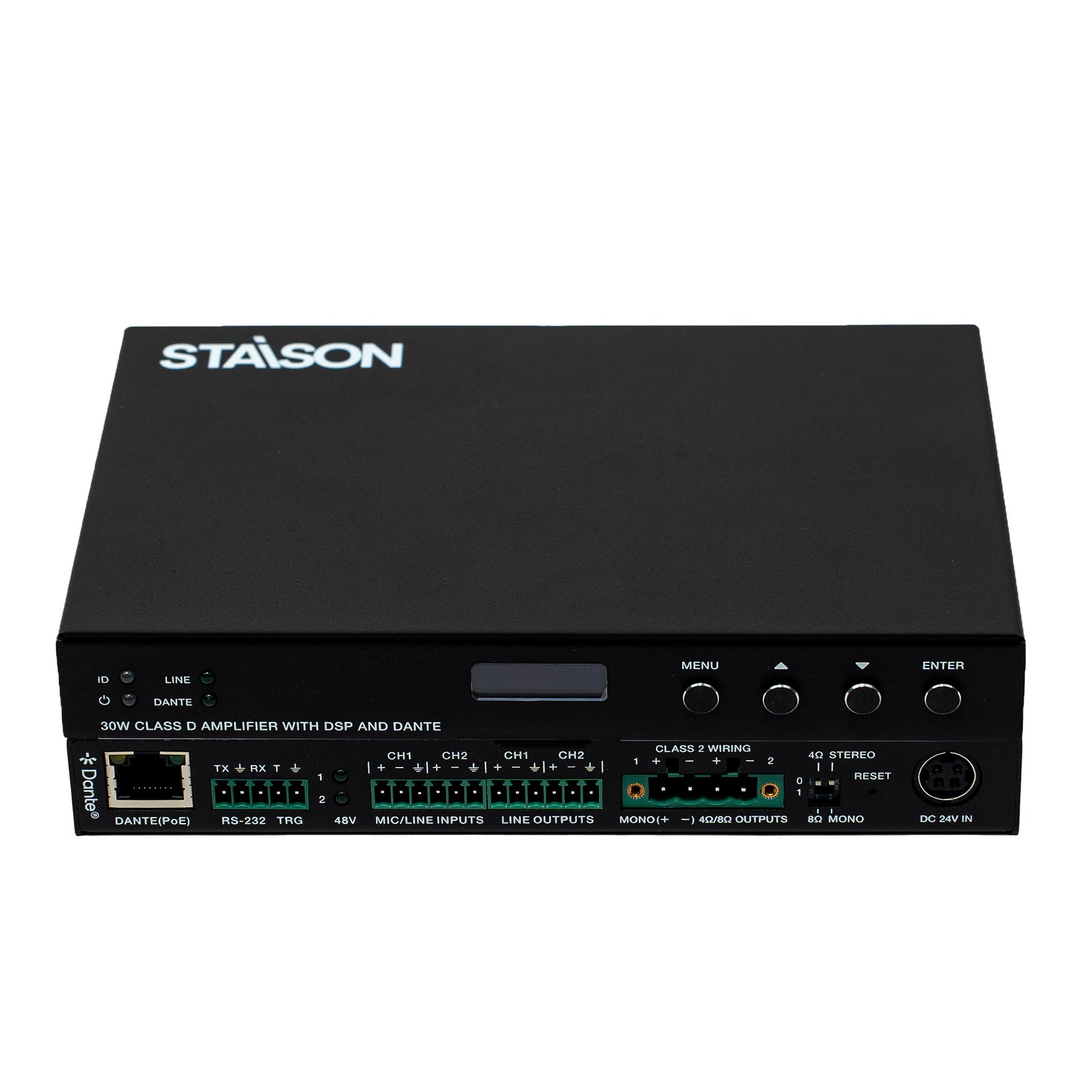 Black audio amplifier with Stasion branding on a white background