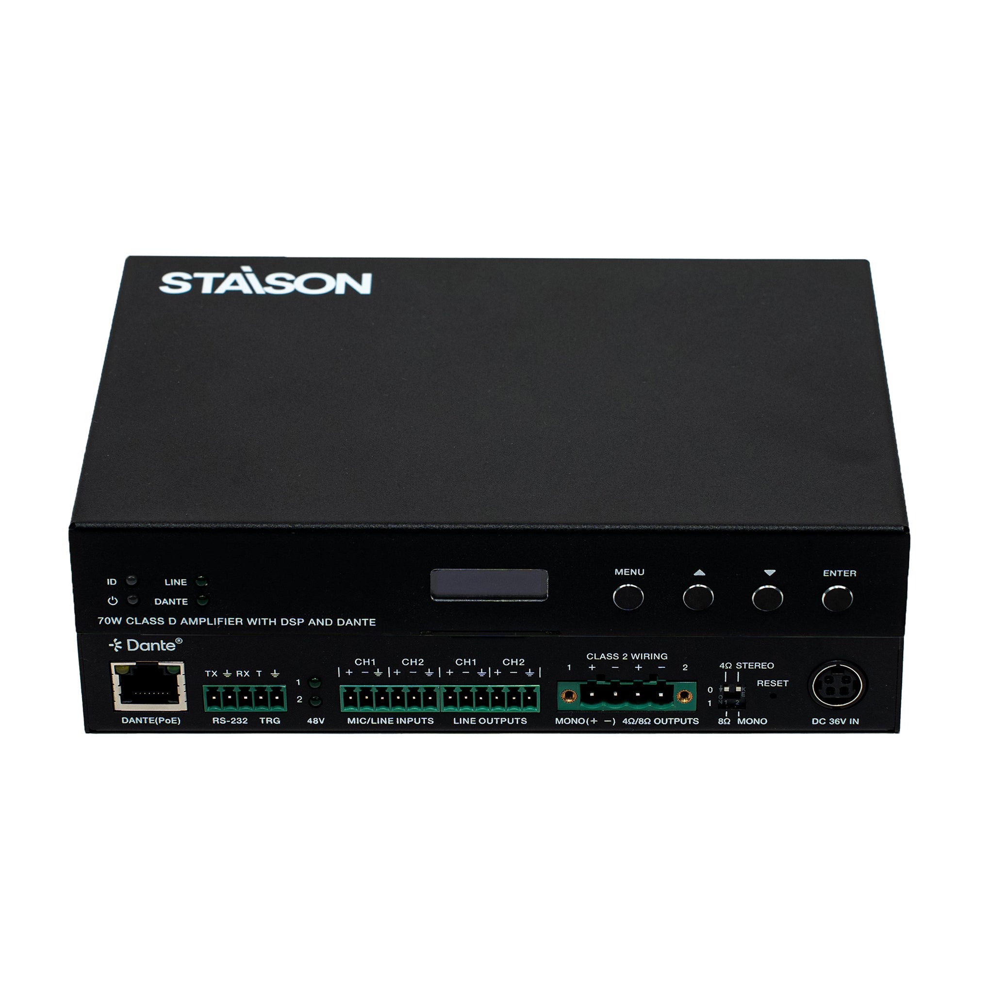 Black audio amplifier with Staison branding on a white background