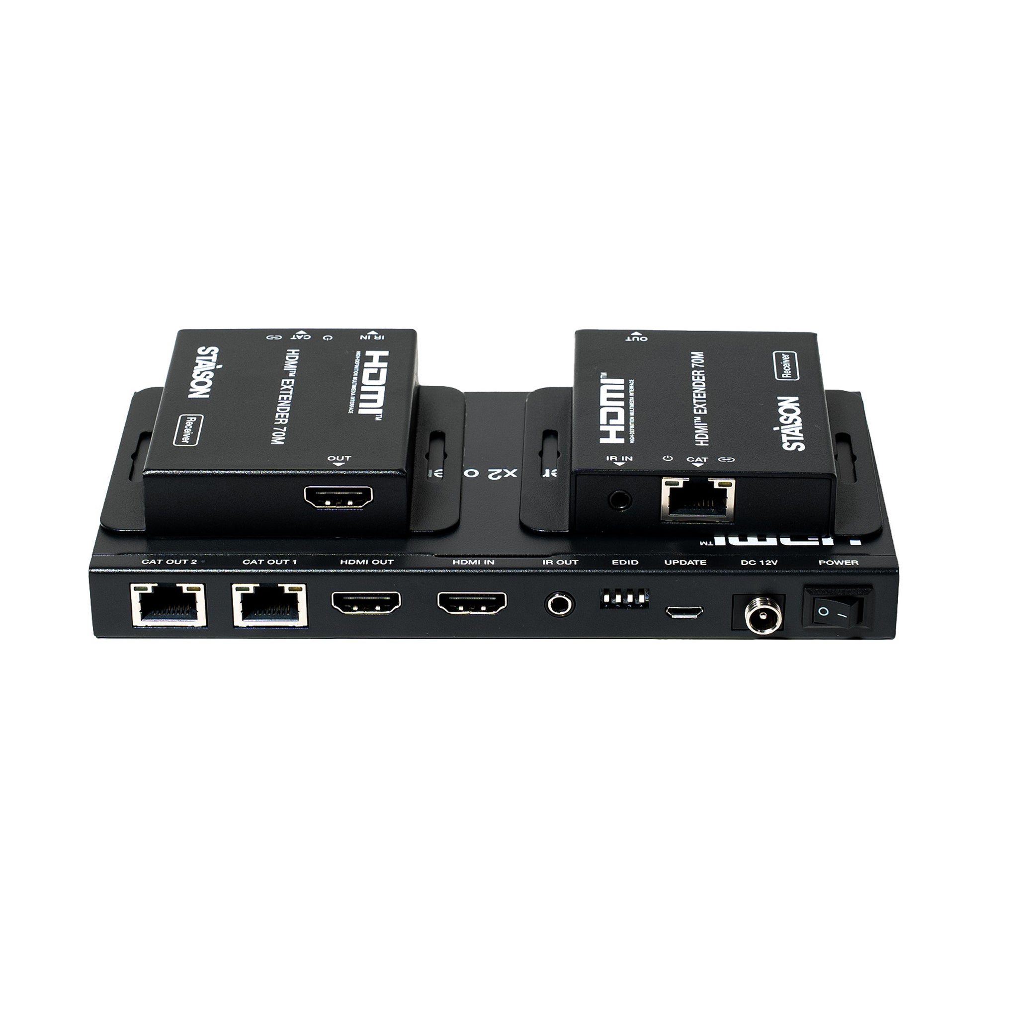 HDMI splitter with multiple ports on a white background.