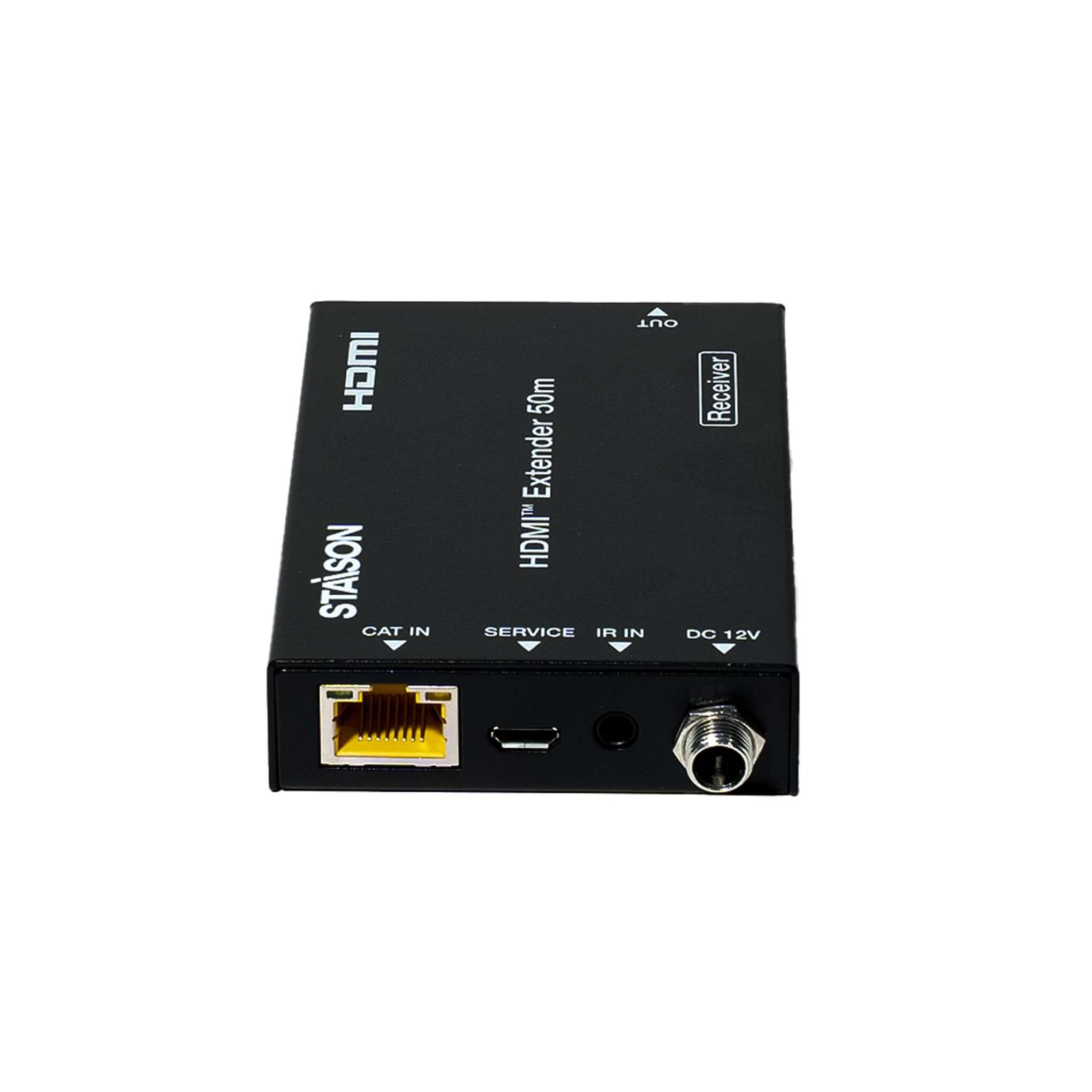 HDMI extender device with various ports on a white background