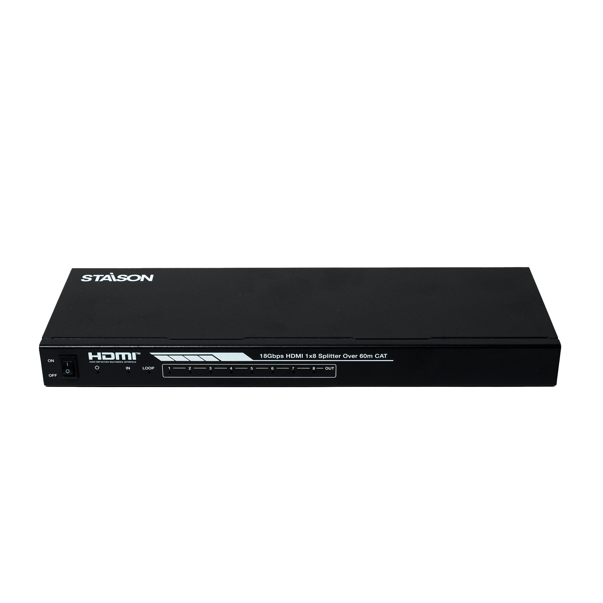 HDMI splitter with staison branding on a white backround