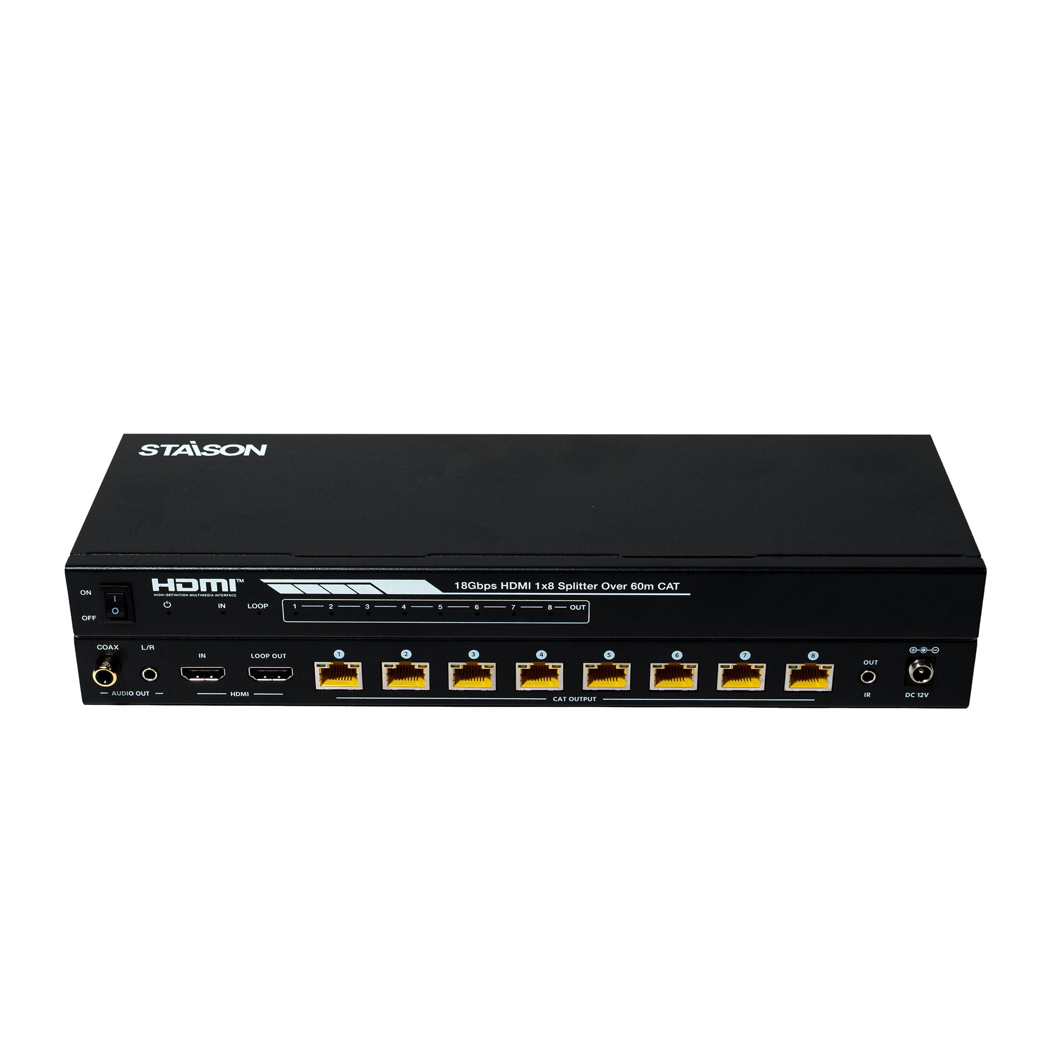Black network splitter with multiple ports on a white background