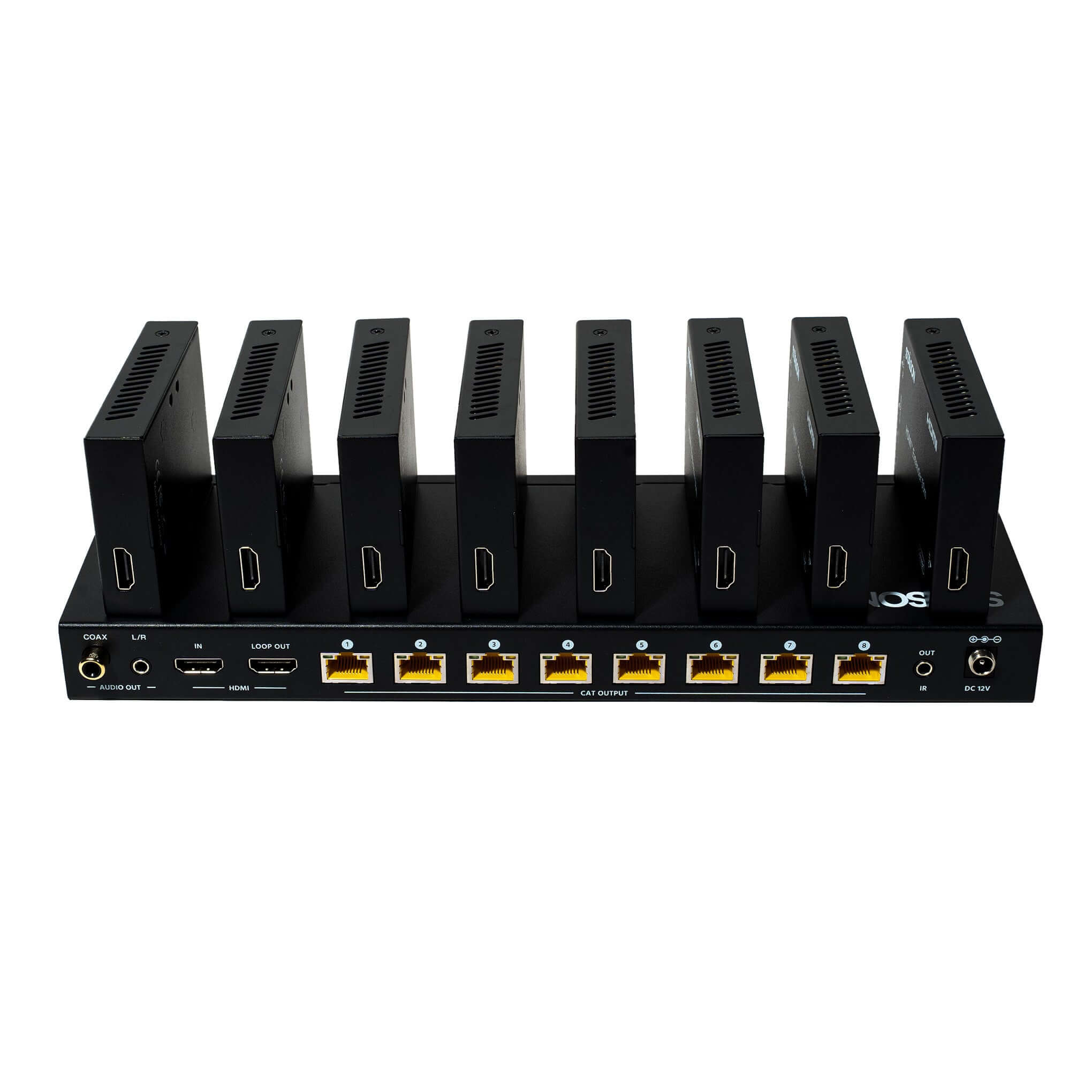 HDMI splitter with multiple ports and staison branding on a white background.