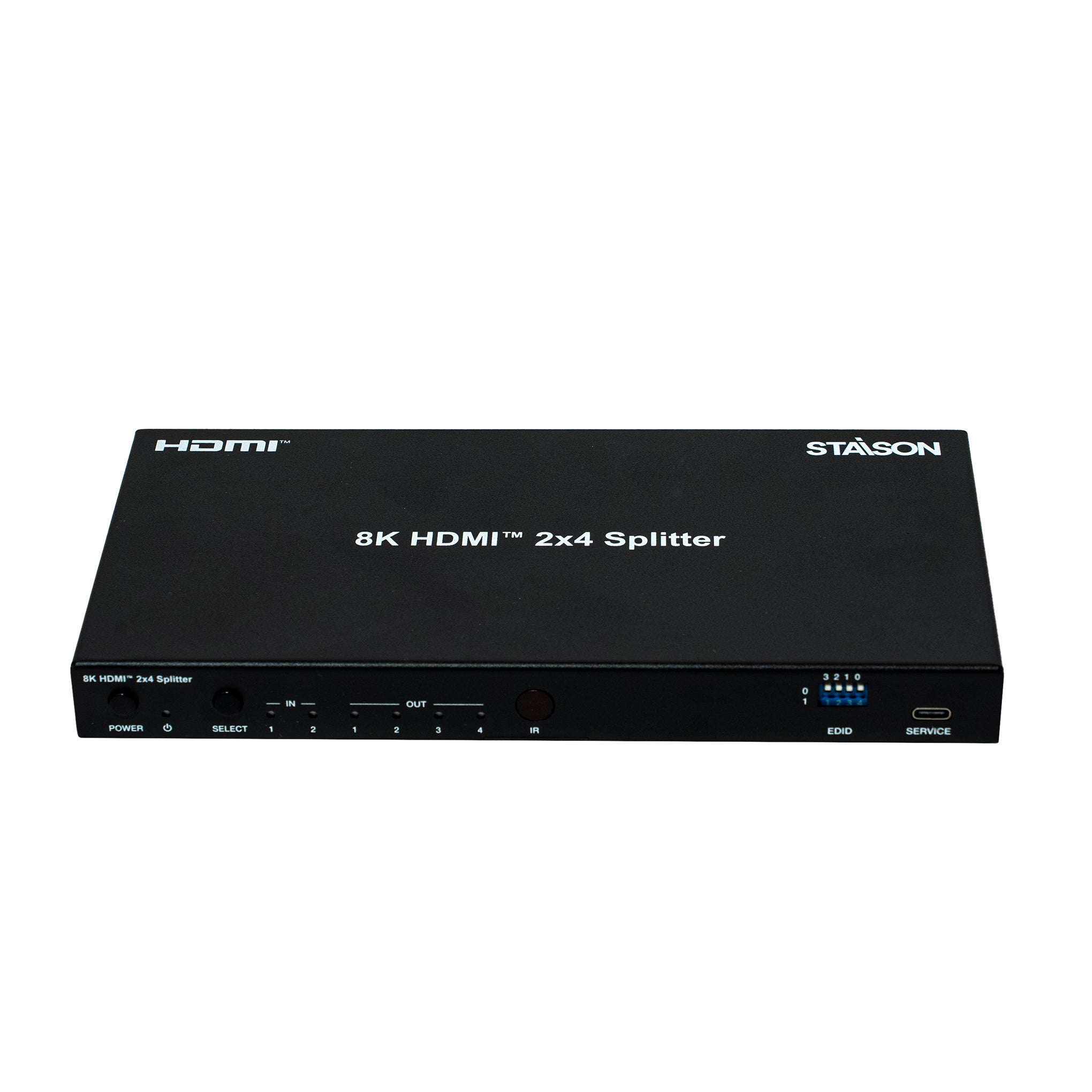Black 8K HDMI 2x4 Splitter with Stasion branding on a white background