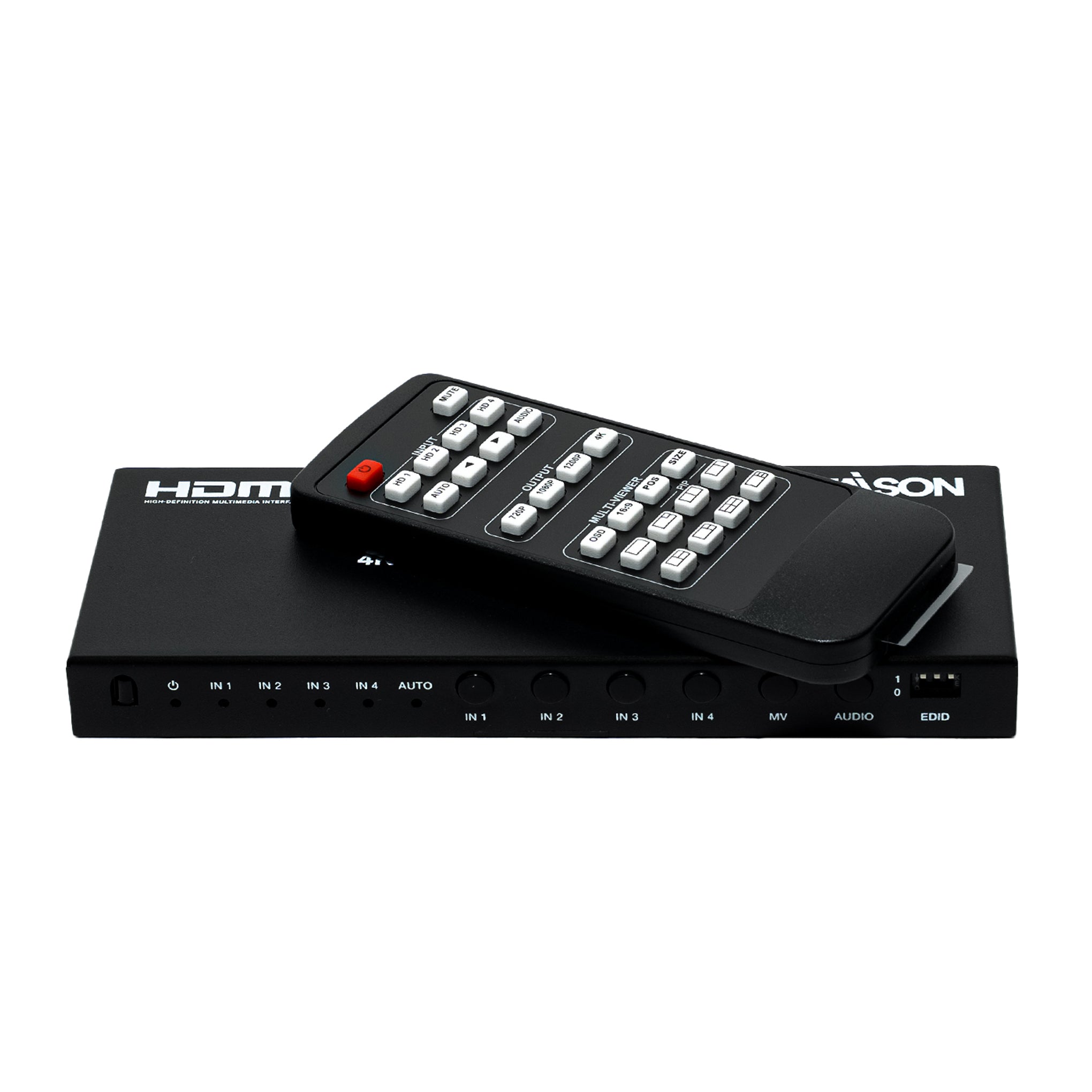 multi viewer device with remote control and staison branding on a white background