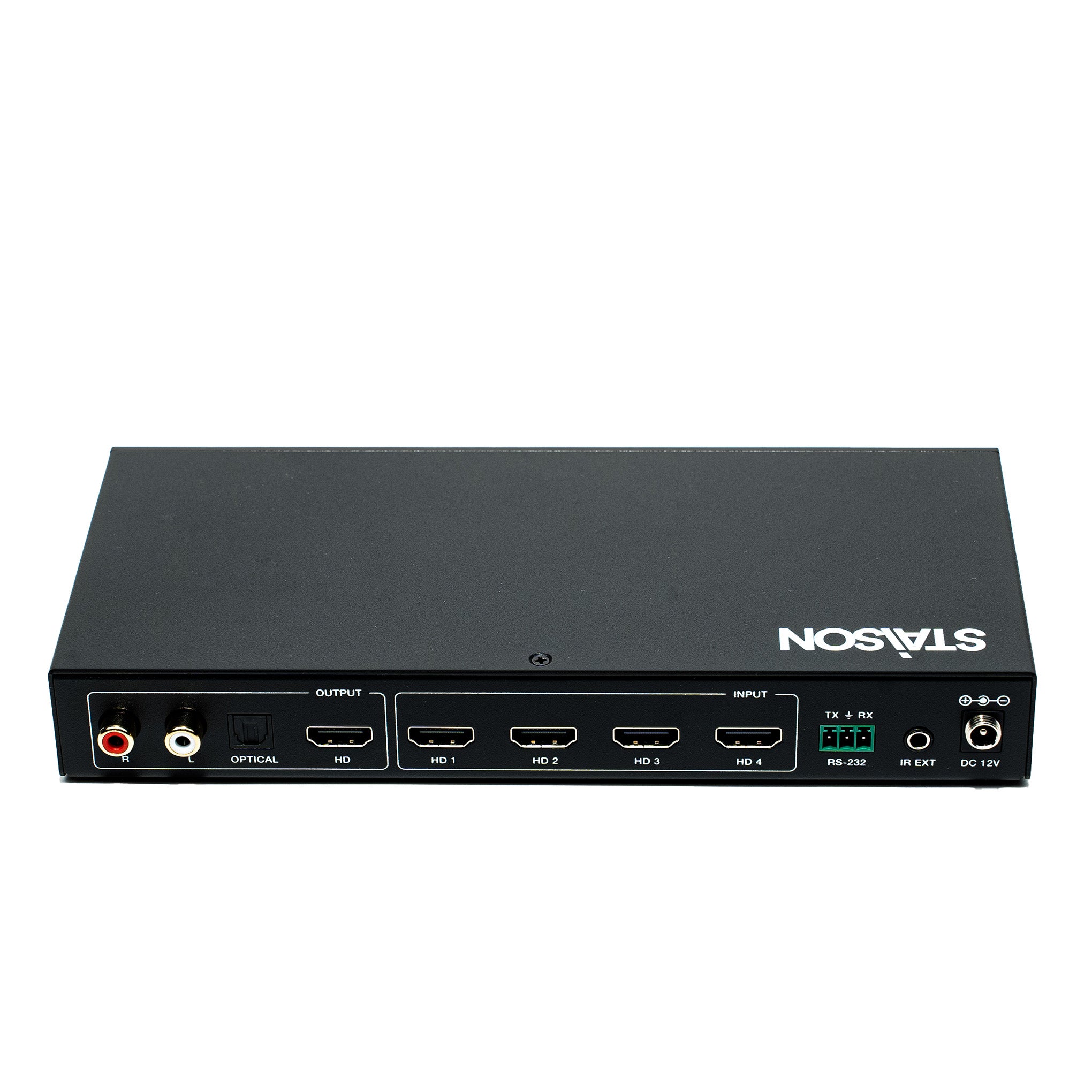 Black electronic device with multiple ports and STASON branding on a white background