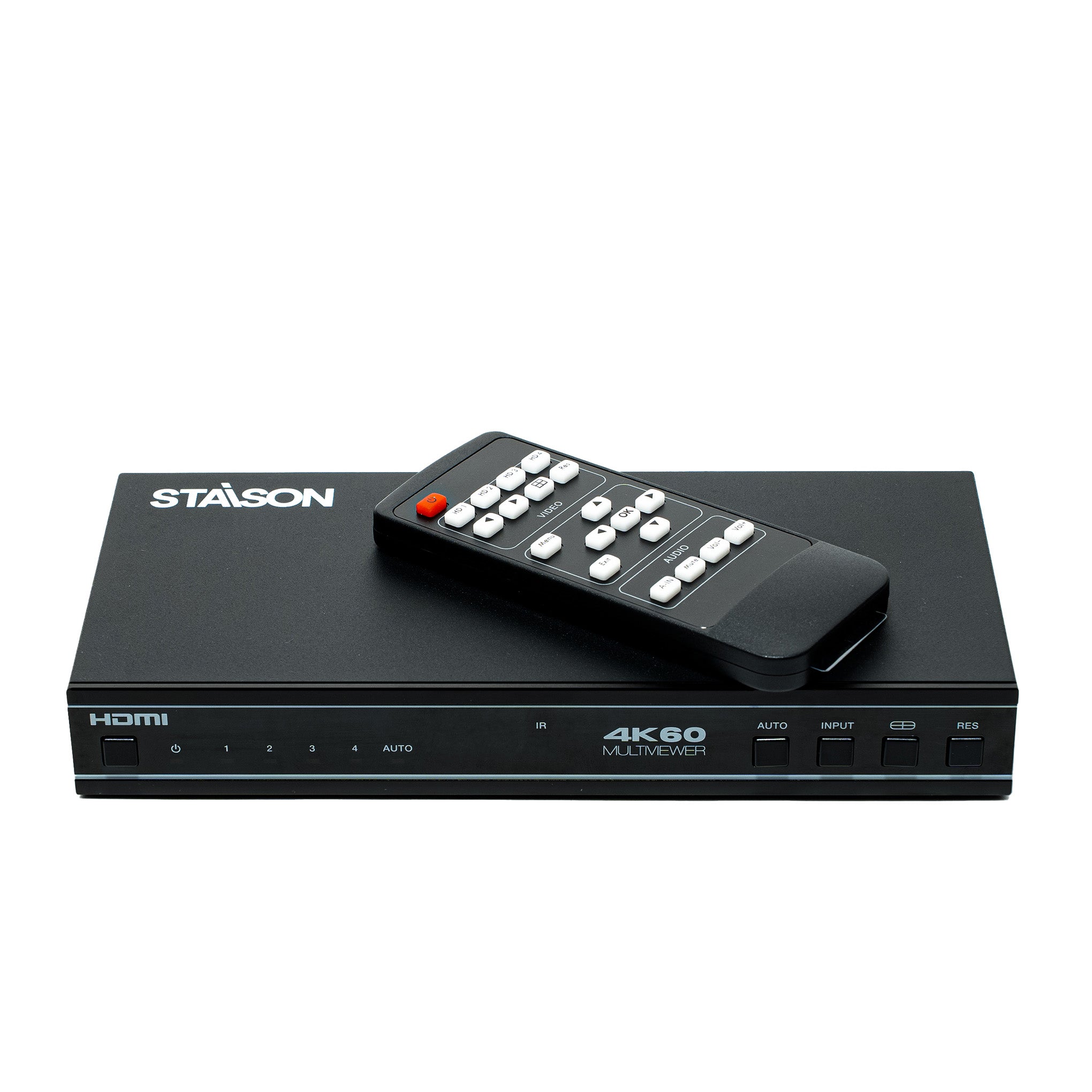 4k60 multi-viewer with remote control and staison branding on a white background