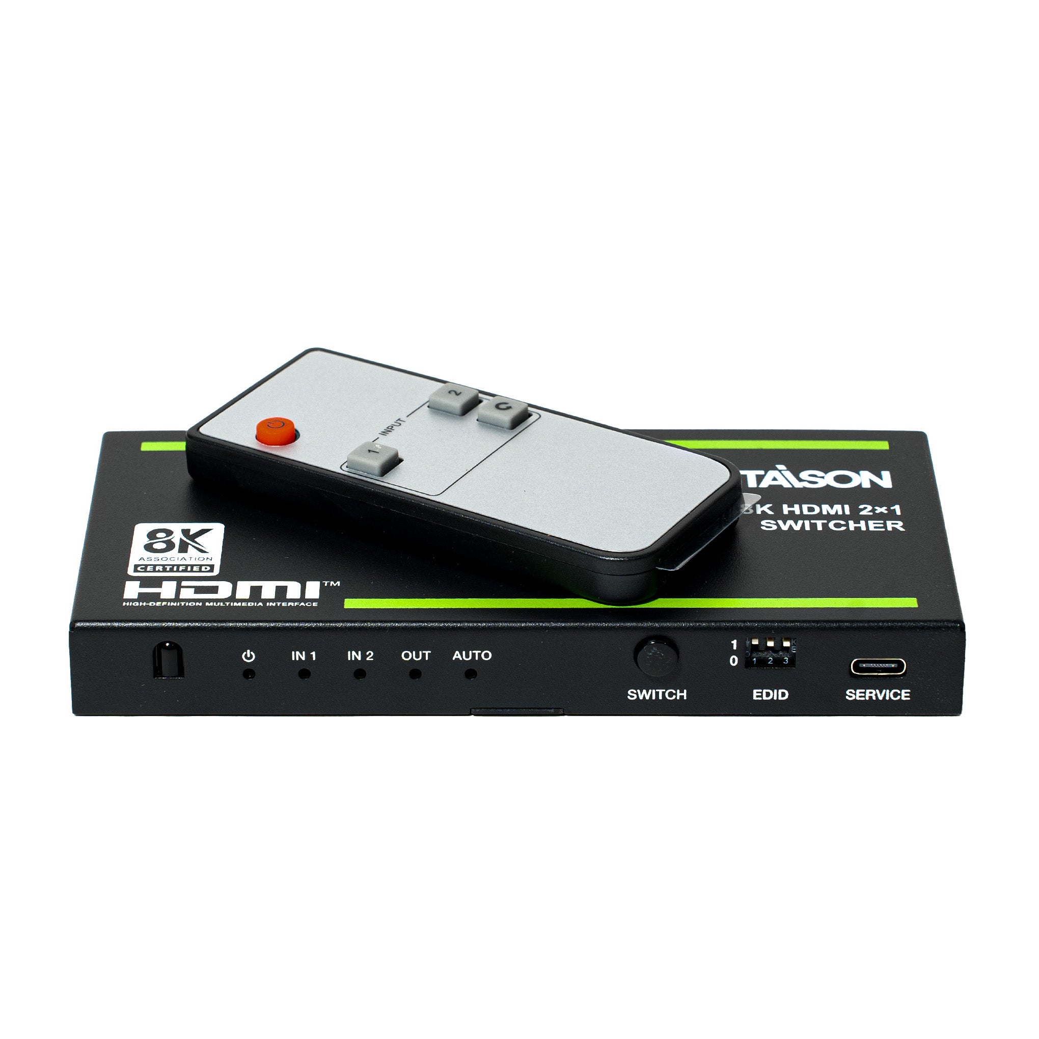 HDMI switcher with remote control on a white background