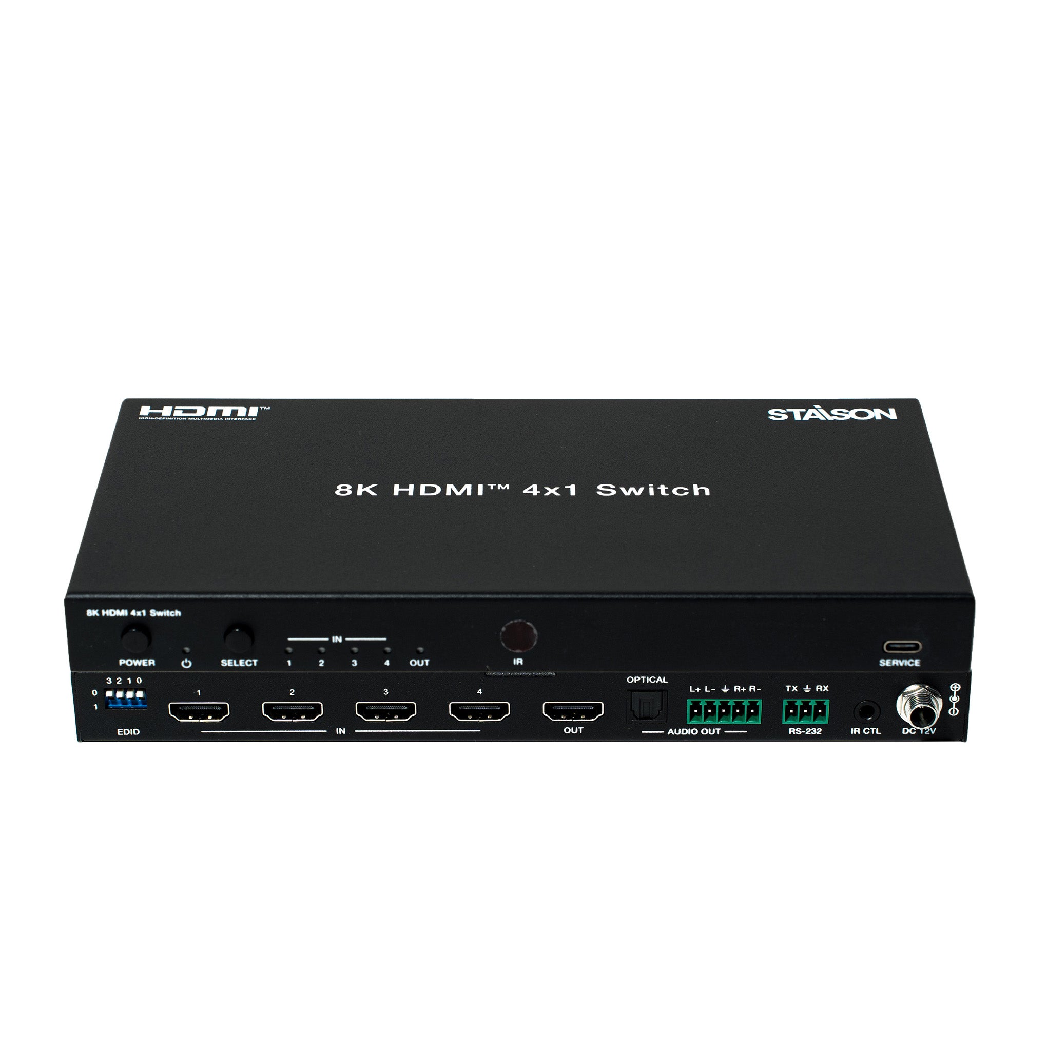 Black 8K HDMI 4x1 Switch with multiple ports and staison branding on a white background