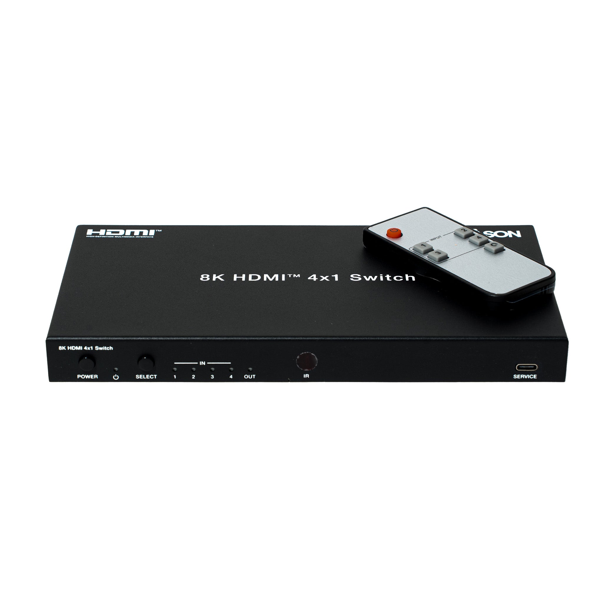 HDMI switch with remote control on a white background