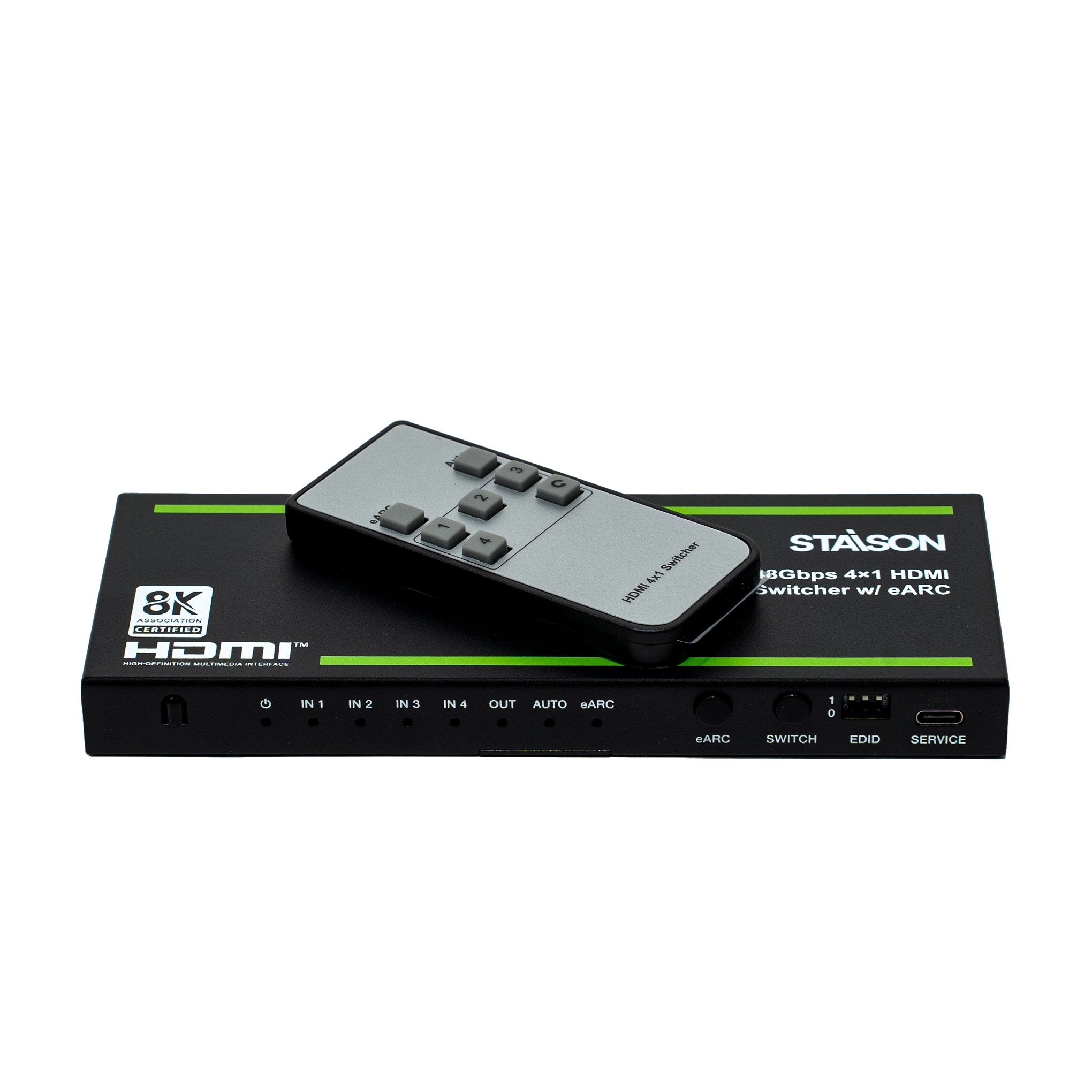 HDMI switcher with remote control on a white background