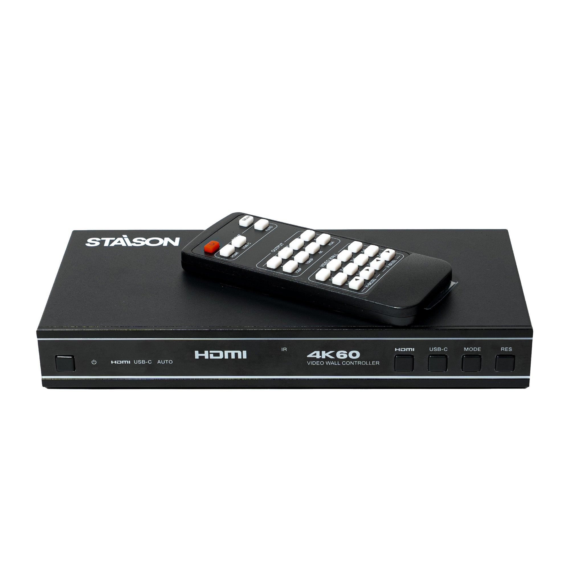 Black video switcher with remote control and staison branding on a white background