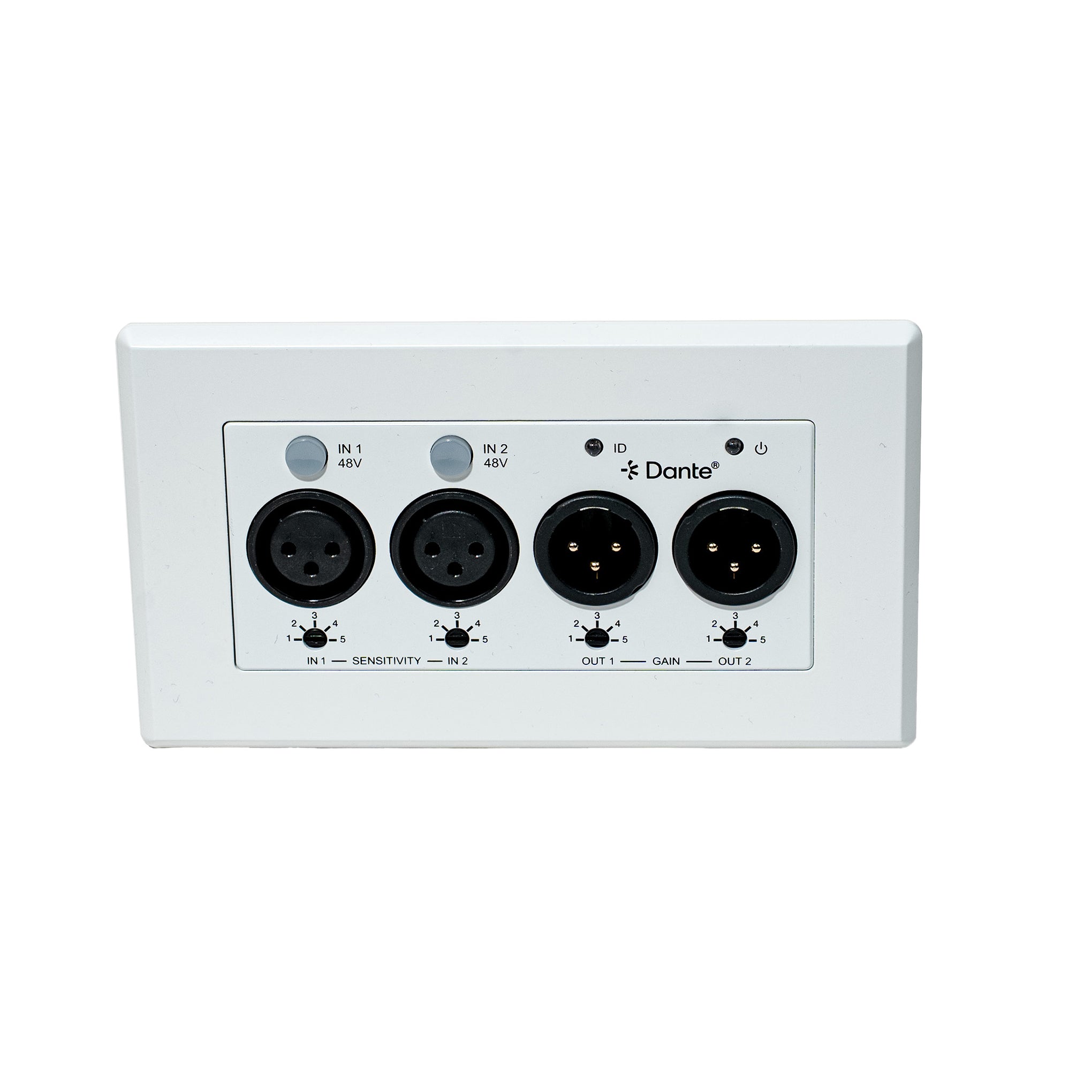 Dante audio interface panel with four XLR black sockets on a white background