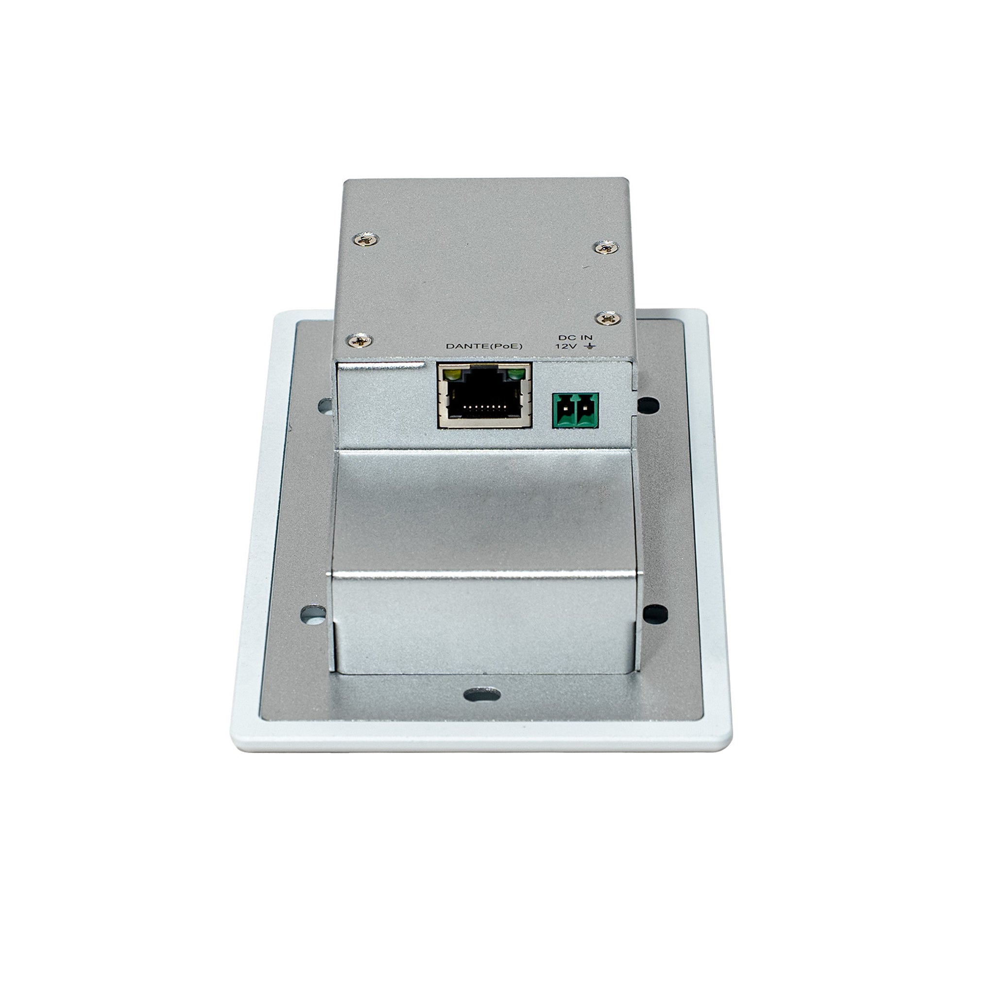 Metallic electronic panel with connectors on a white background