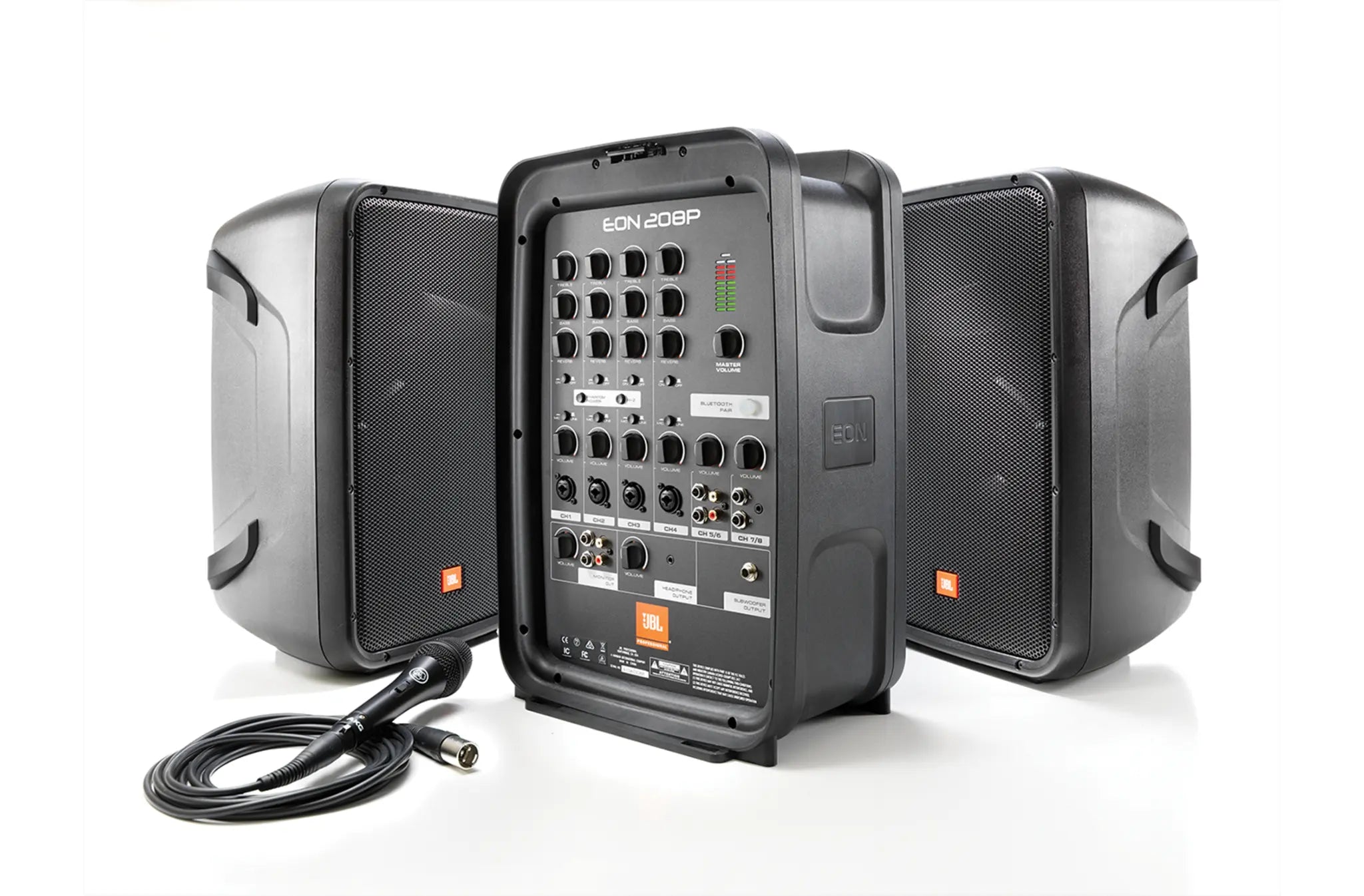 JBL EON 208 portable PA system with control panel on a white background