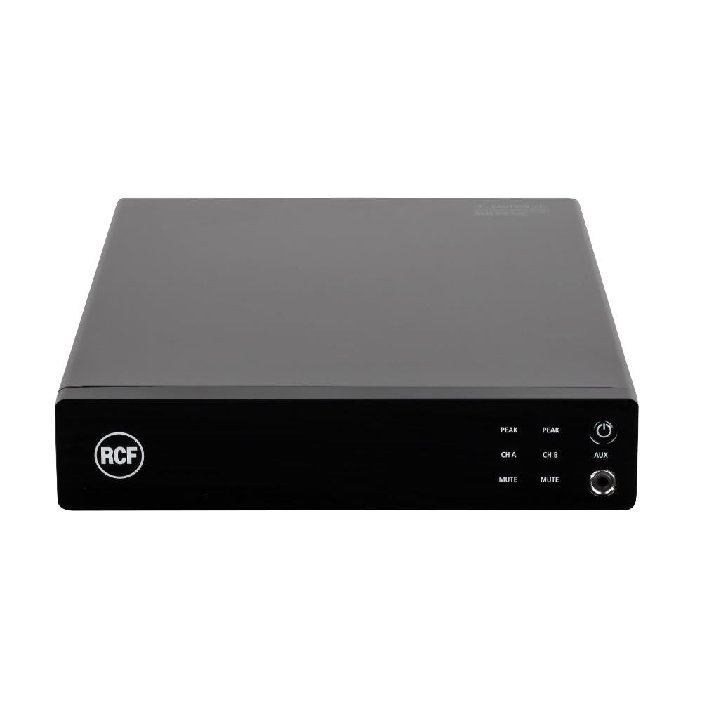 RCF DMA-162P compact professional amplifier - front view with gray top panel, black faceplate, RCF logo, peak indicators, channel A/B controls, mute buttons, and auxiliary jack