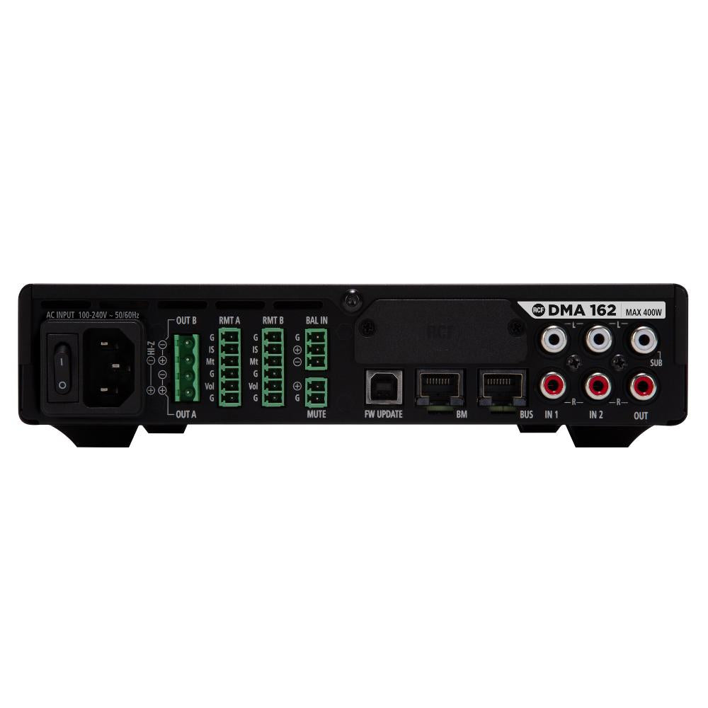 RCF DMA-162 rear panel showing XLR audio connectors, balanced inputs, outputs A and B, remote terminals, power input, and MAX 400W specification